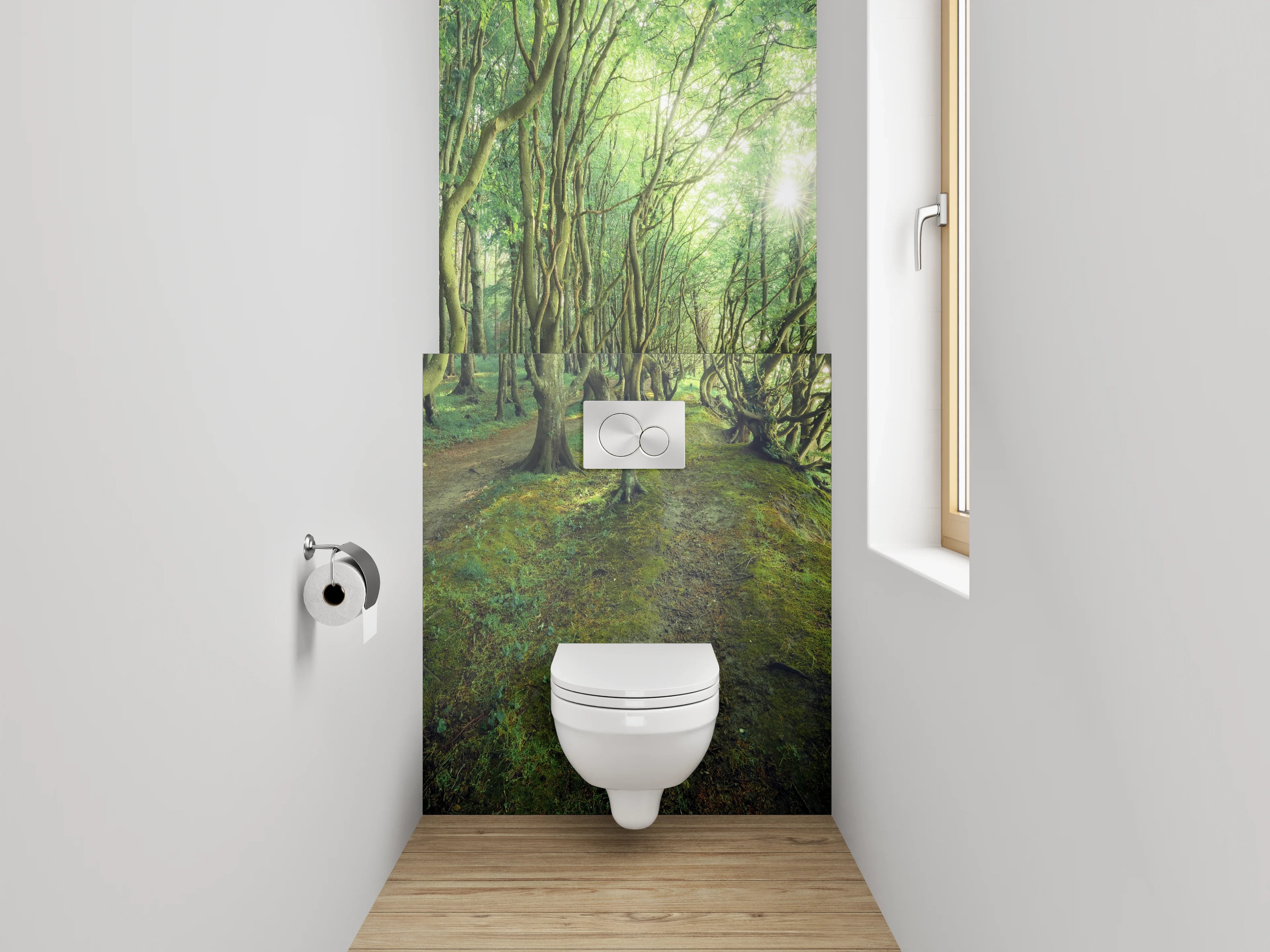 WC-Rückwand - Mystischer Wald im Sonnenlicht