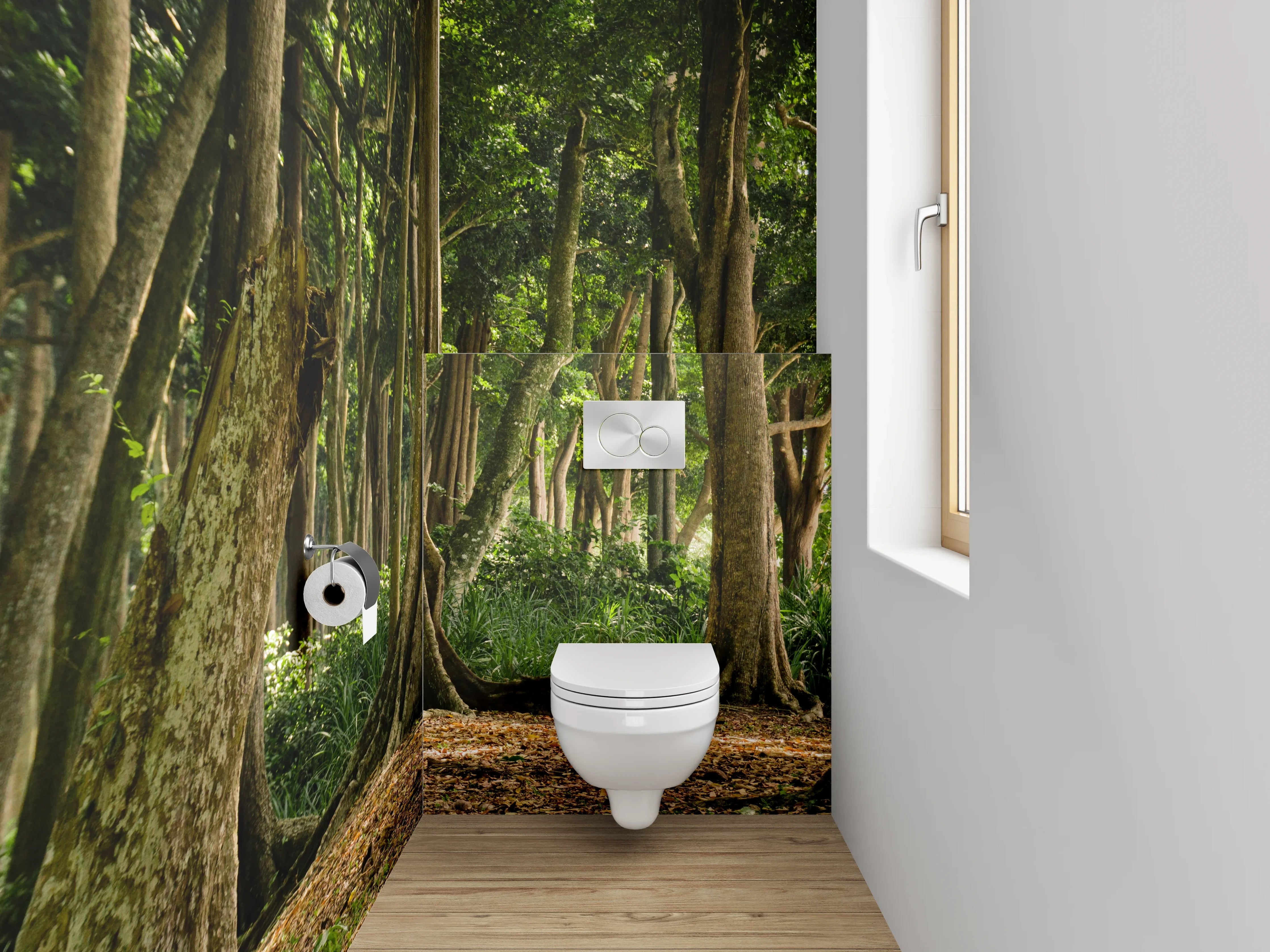WC-Rückwand - Mystischer Wald im Sonnenschein