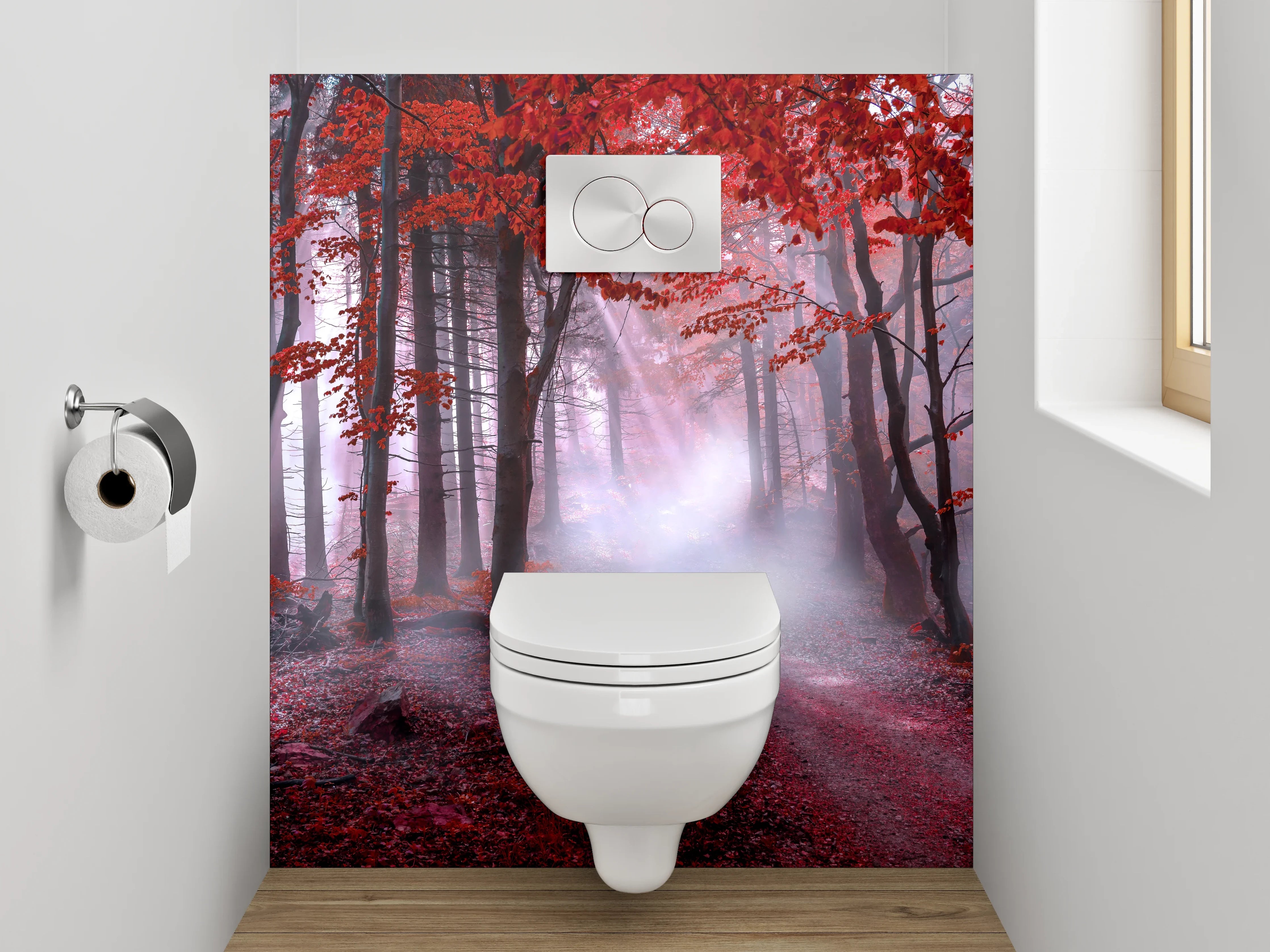 WC-Rückwand - Mystischer Wald in Rot mit Lichtstrahlen
