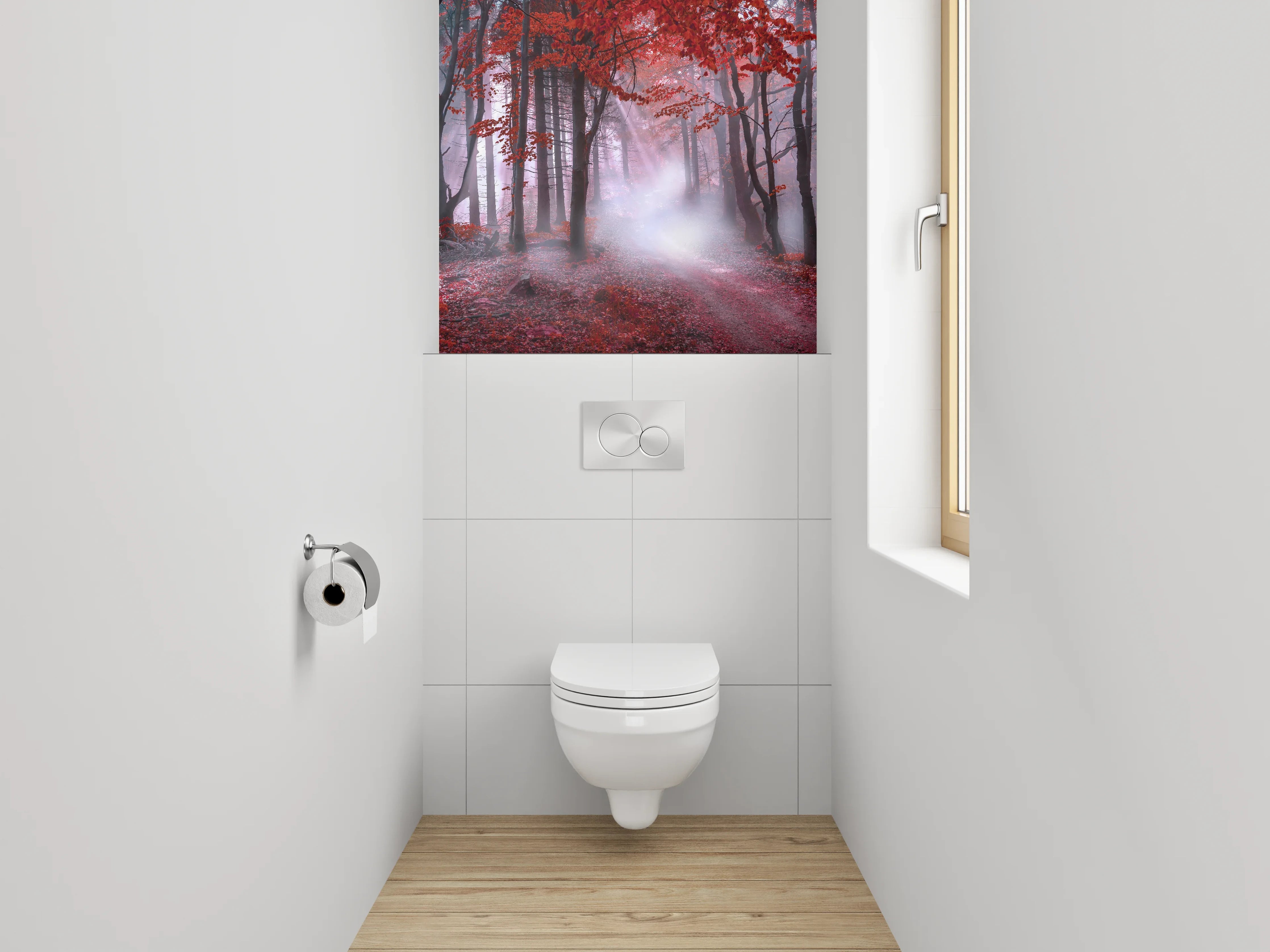 WC-Rückwand - Mystischer Wald in Rot mit Lichtstrahlen