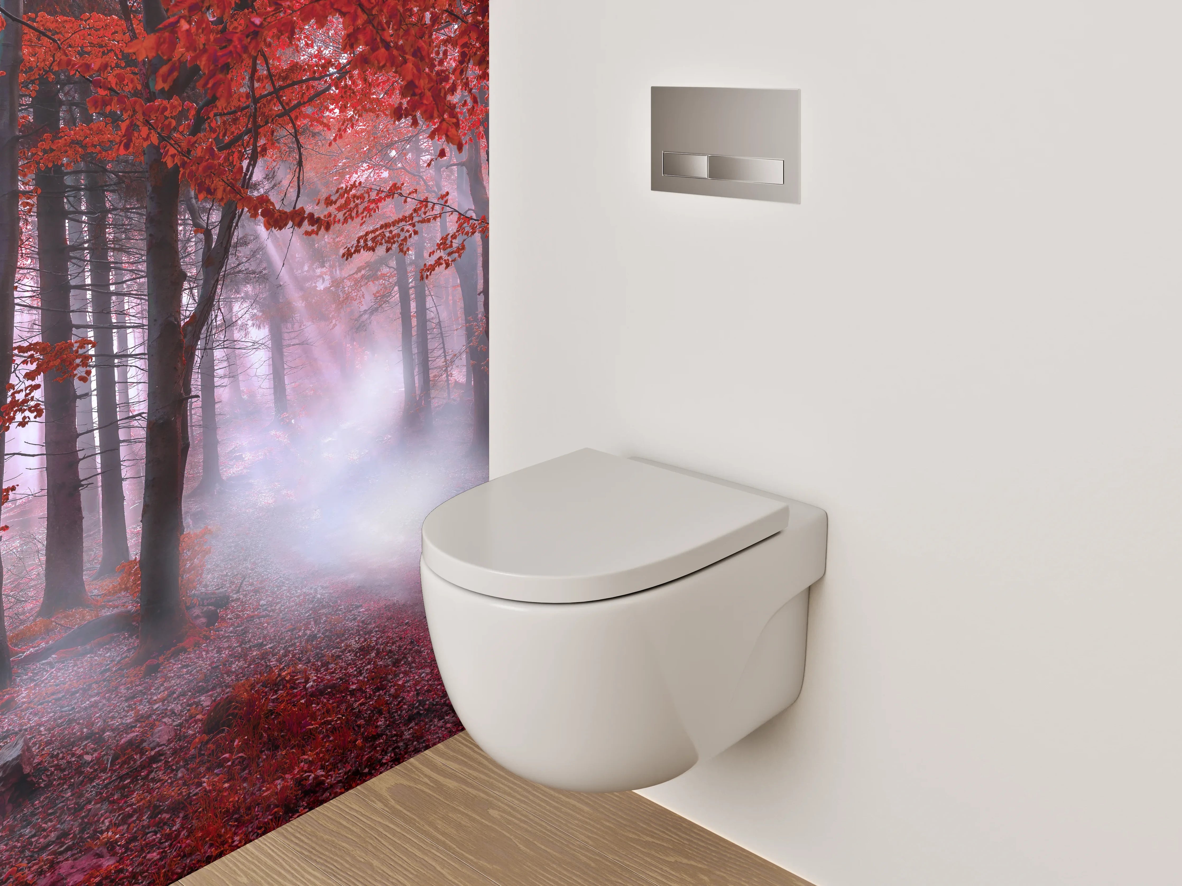 WC-Rückwand - Mystischer Wald in Rot mit Lichtstrahlen