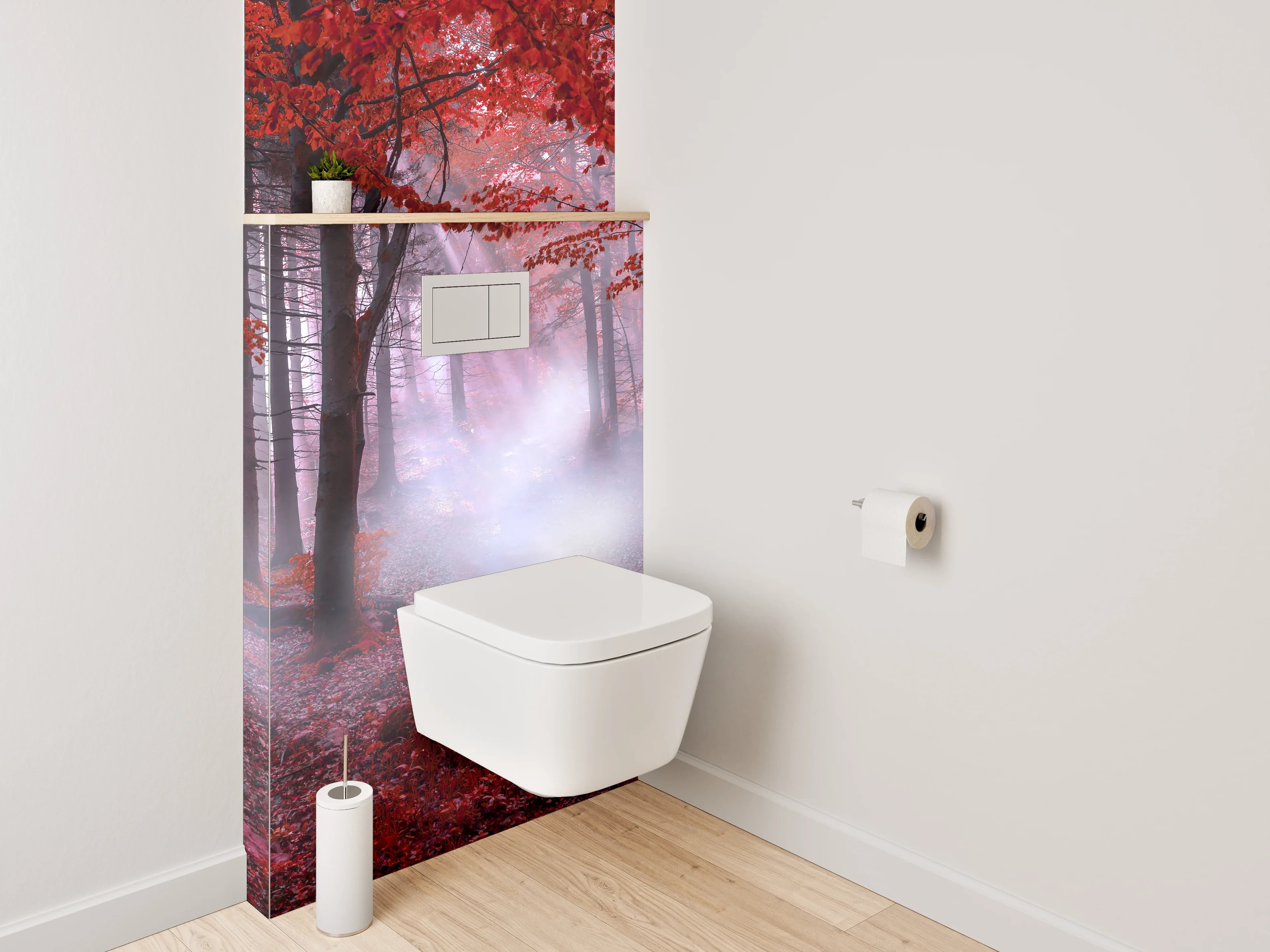 WC-Rückwand - Mystischer Wald in Rot mit Lichtstrahlen