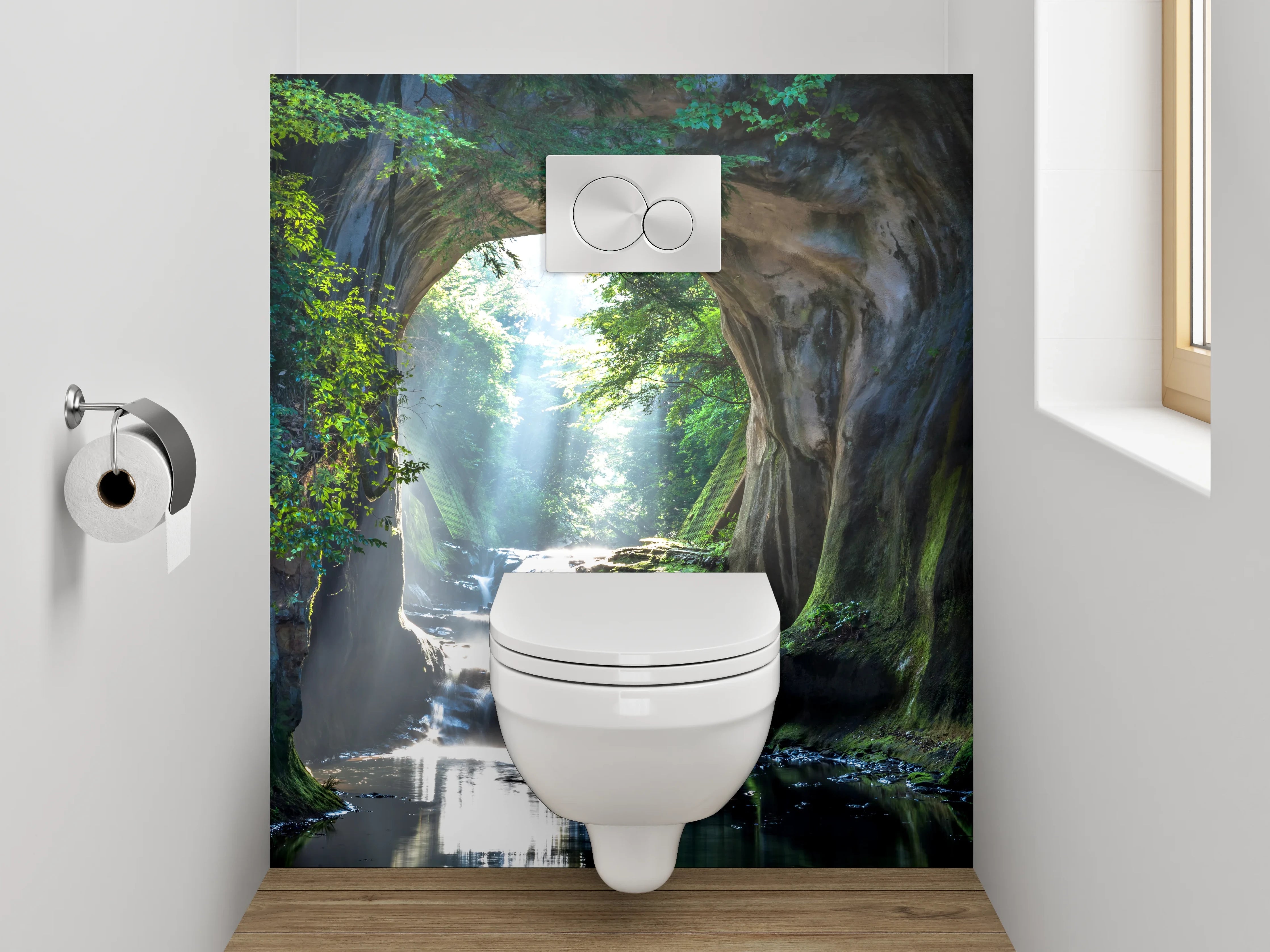 WC-Rückwand - Mystisches Waldtor Wasserfall Landschaft