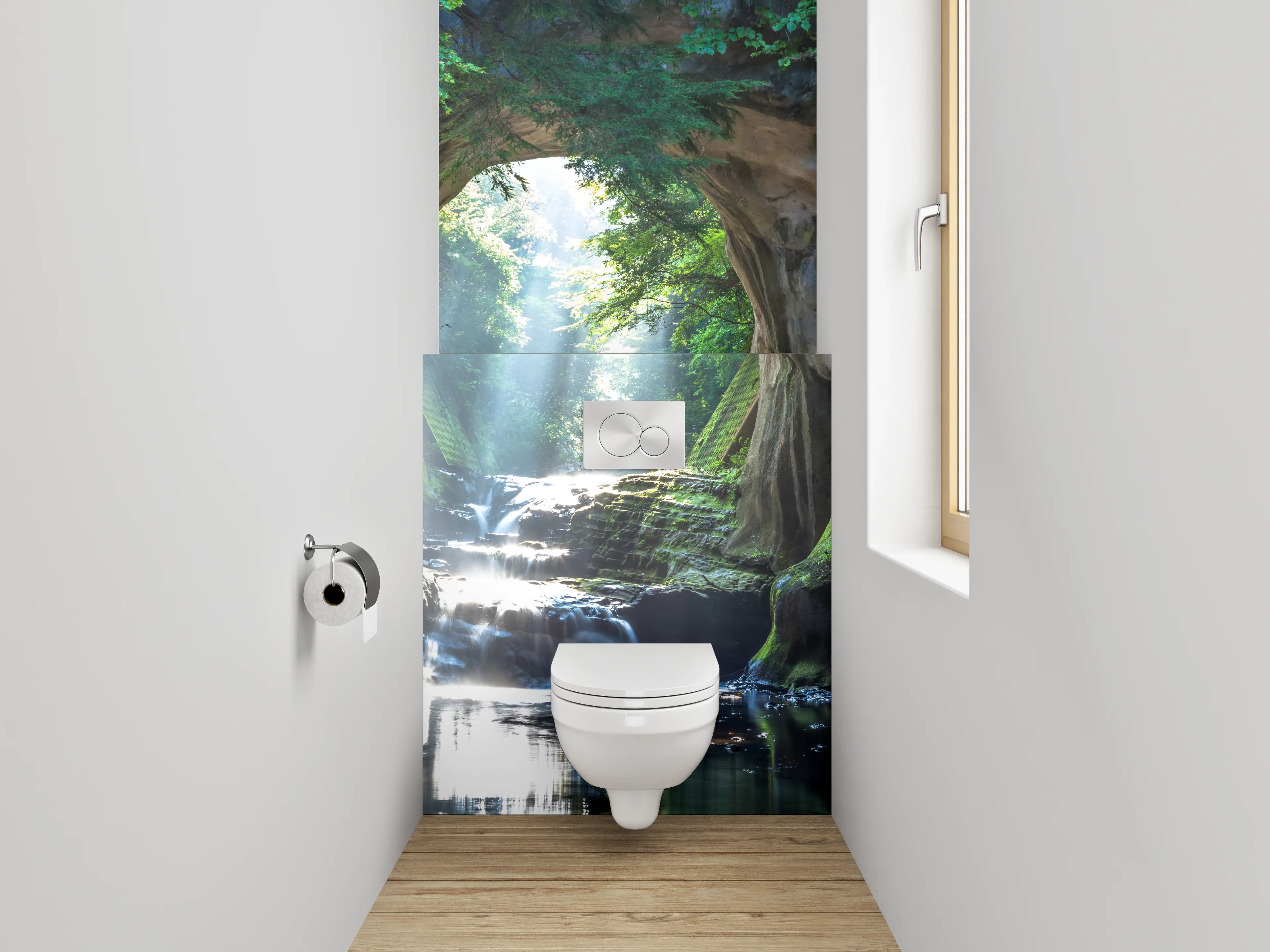 WC-Rückwand - Mystisches Waldtor Wasserfall Landschaft
