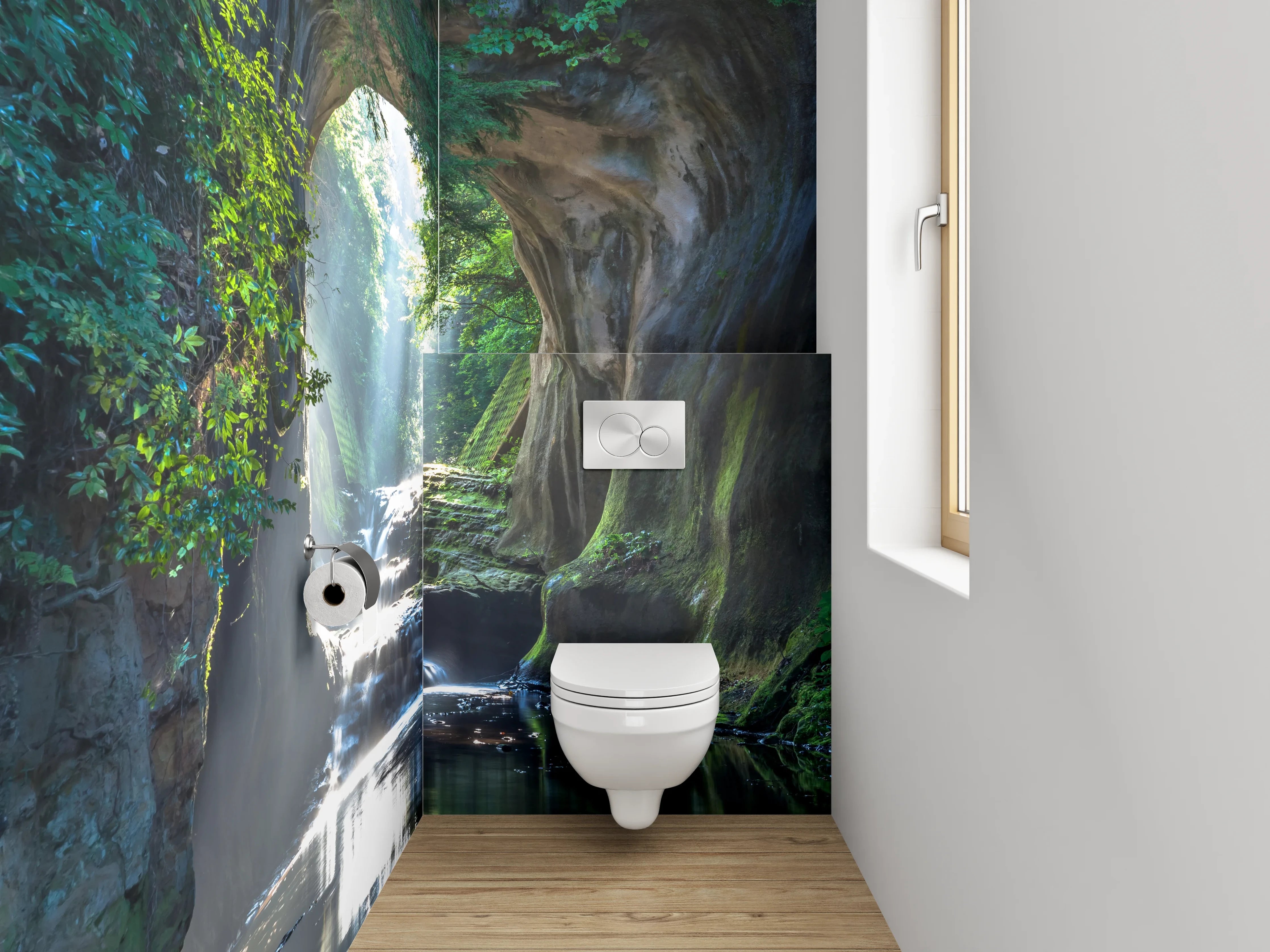 WC-Rückwand - Mystisches Waldtor Wasserfall Landschaft