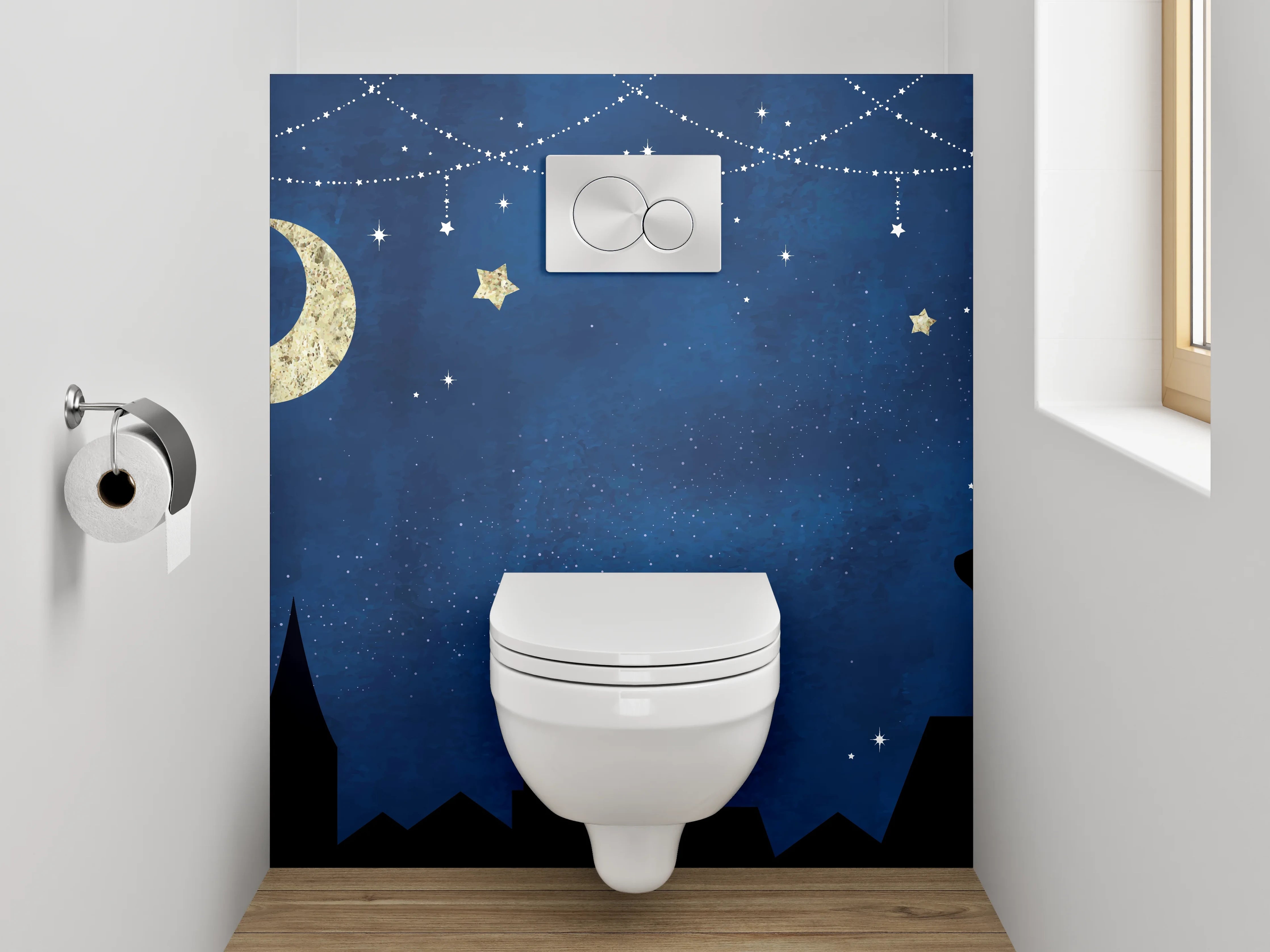WC-Rückwand - Nachthimmel mit Katze Silhouette