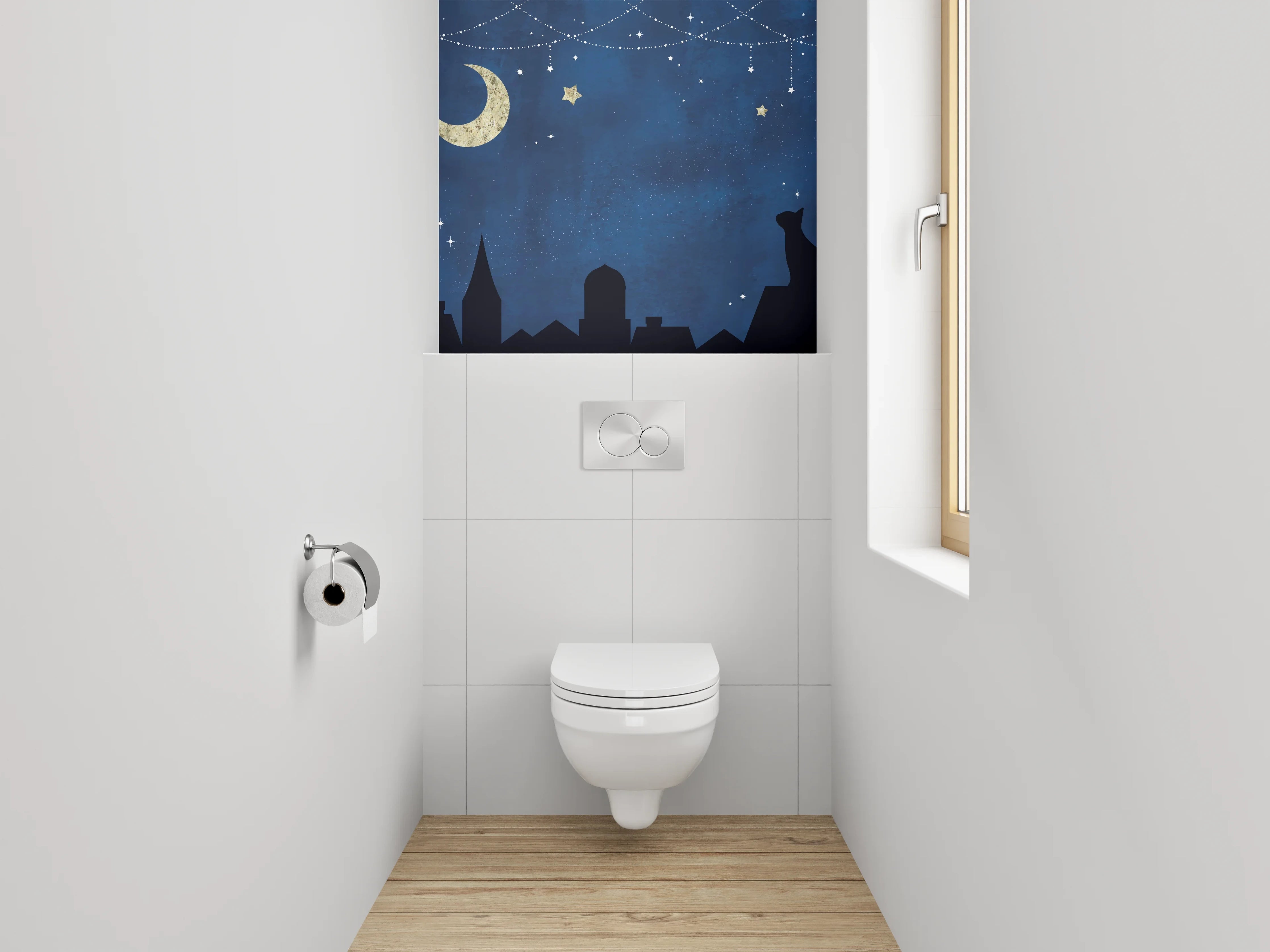 WC-Rückwand - Nachthimmel mit Katze Silhouette