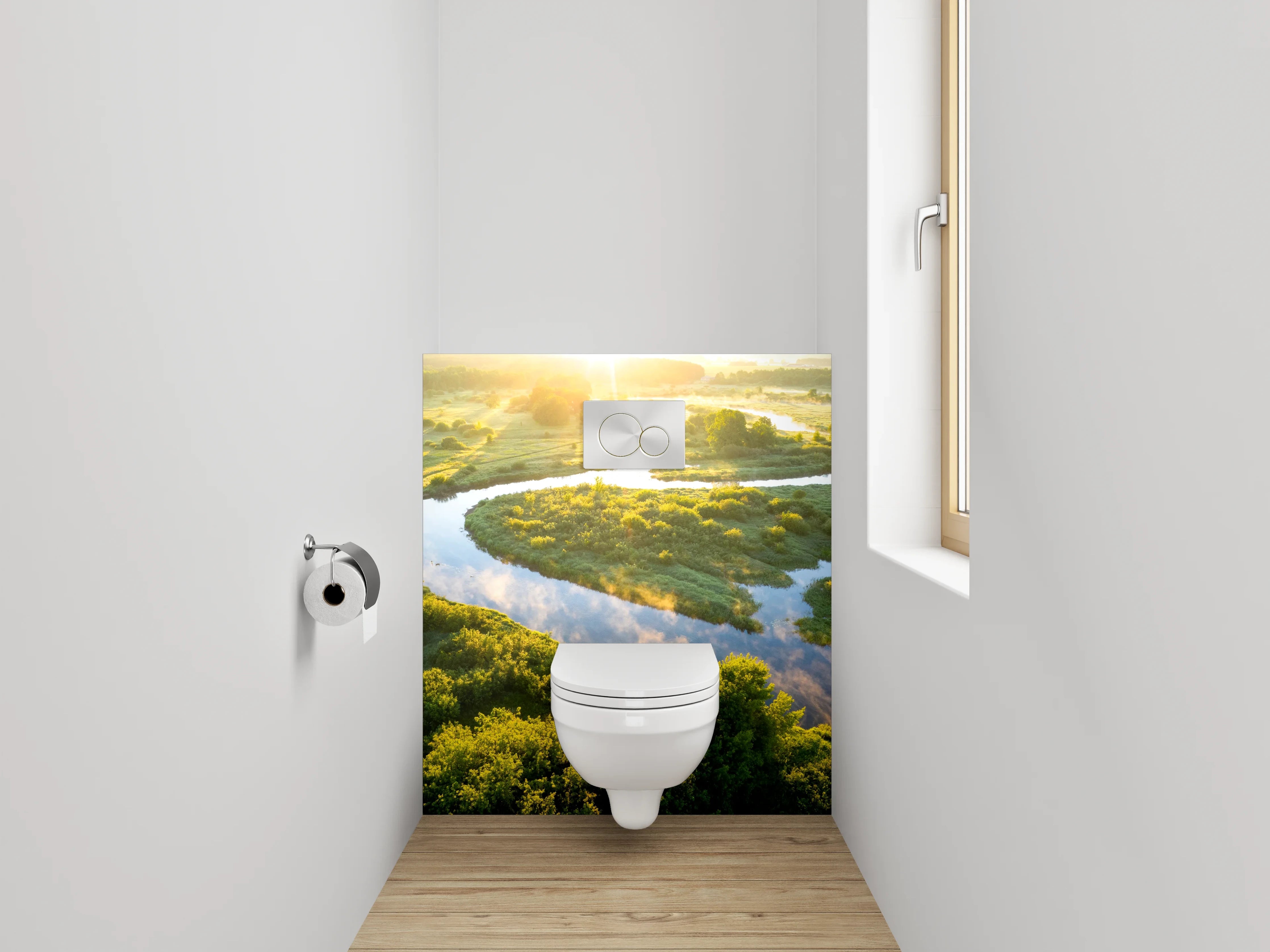 WC-Rückwand - Natürliche Flusslandschaft bei Sonnenaufgang