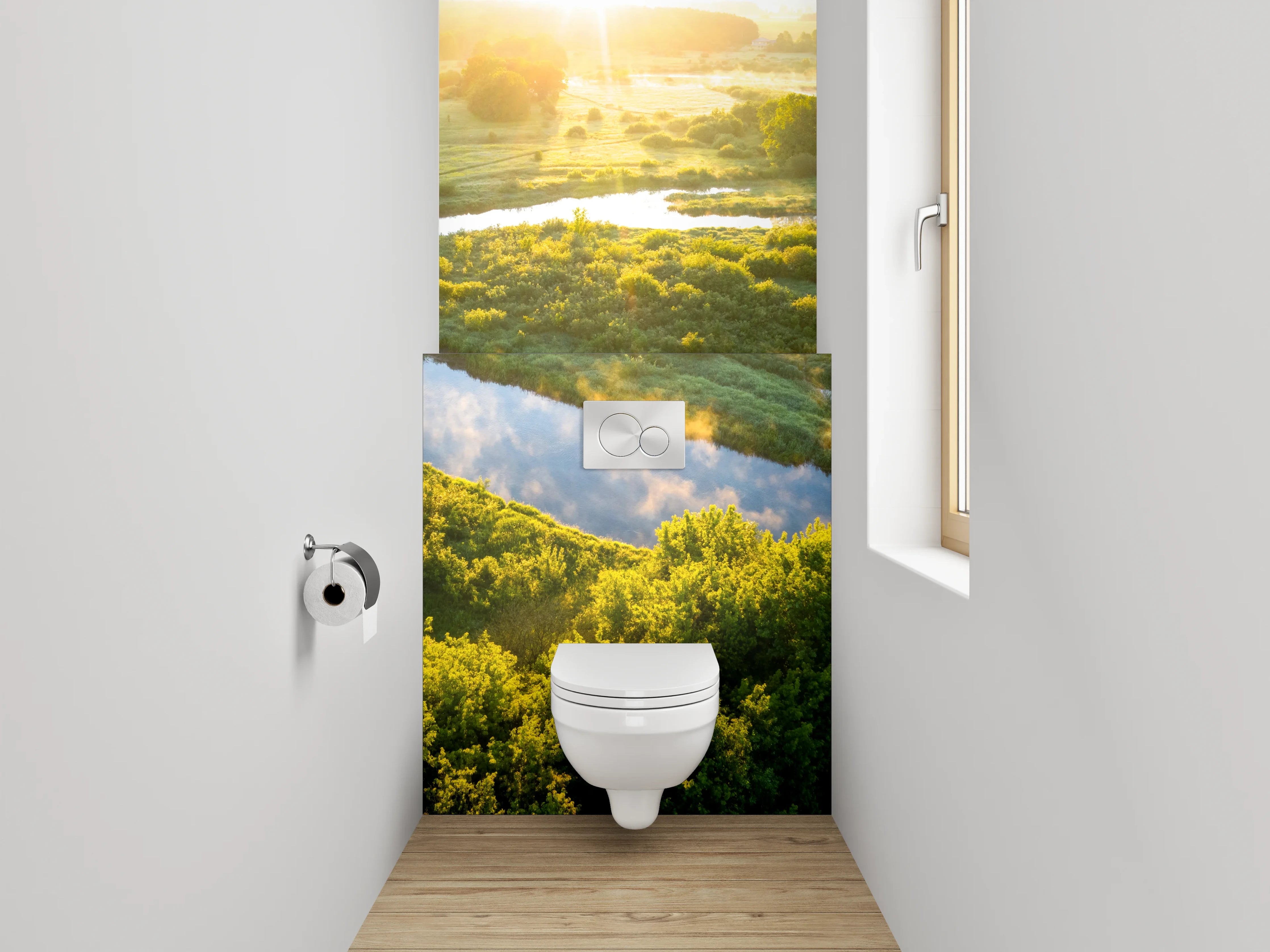 WC-Rückwand - Natürliche Flusslandschaft bei Sonnenaufgang