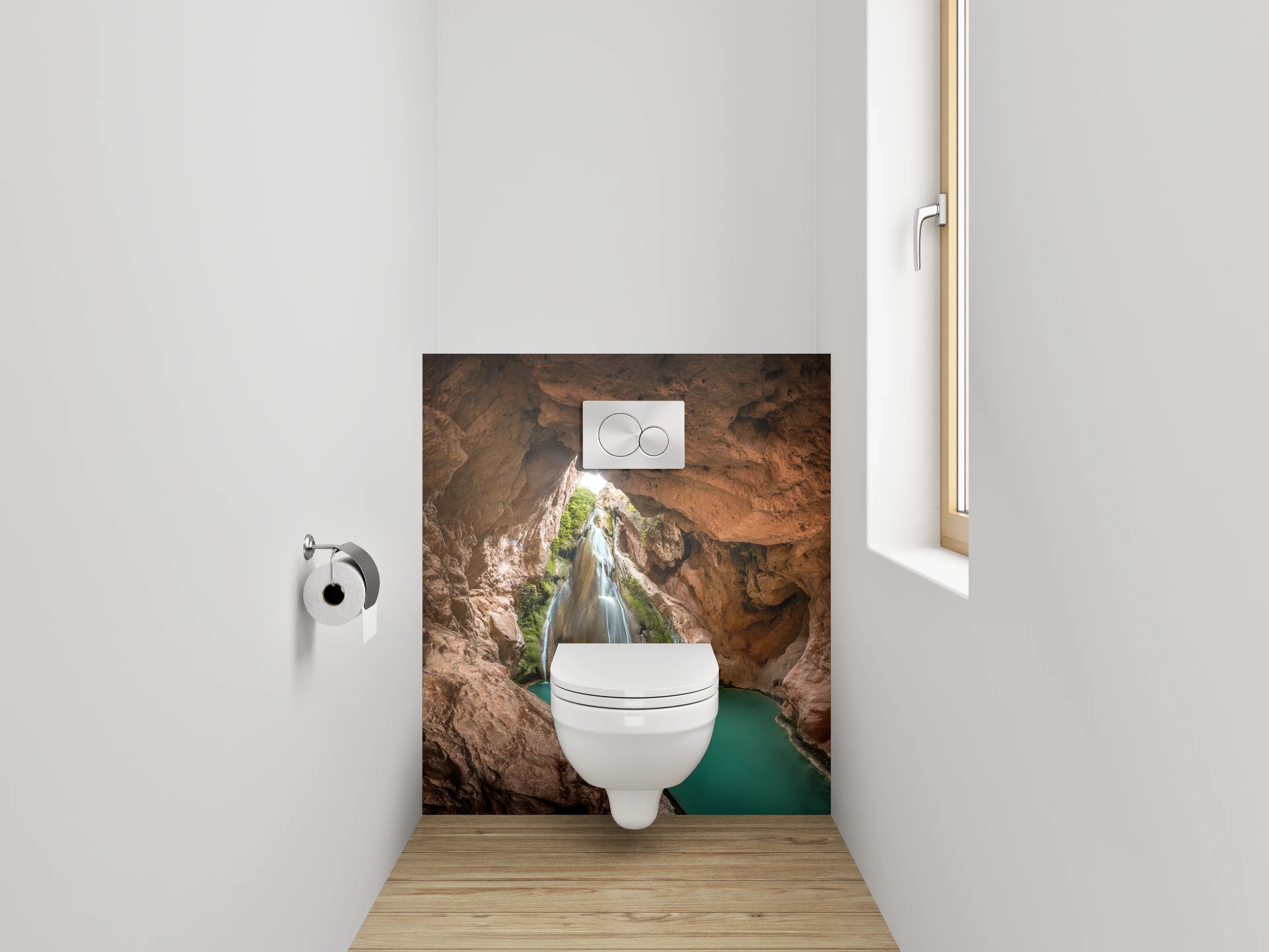 WC-Rückwand - Naturhöhle mit Wasserfall und türkisfarbenem Becken