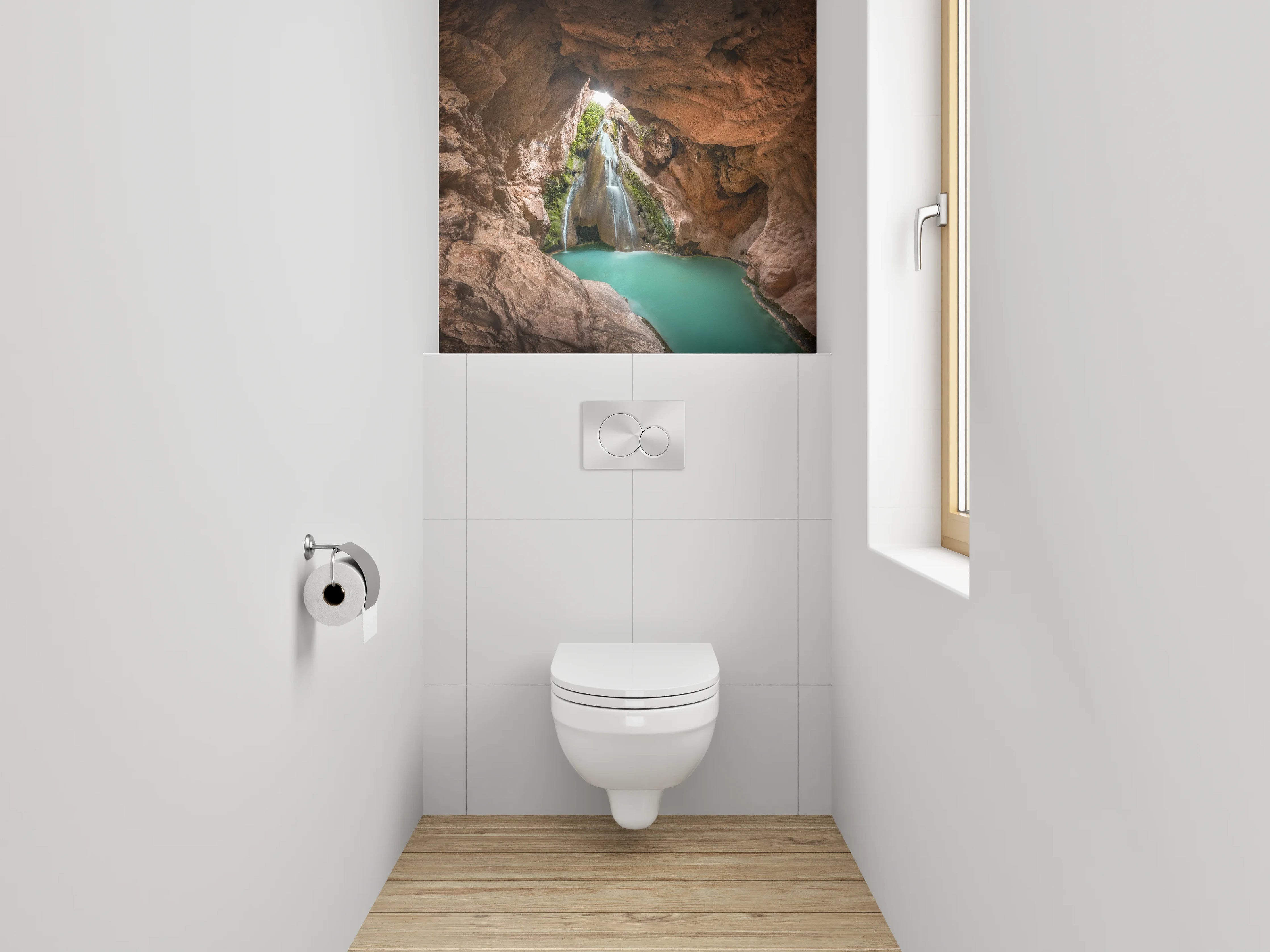 WC-Rückwand - Naturhöhle mit Wasserfall und türkisfarbenem Becken