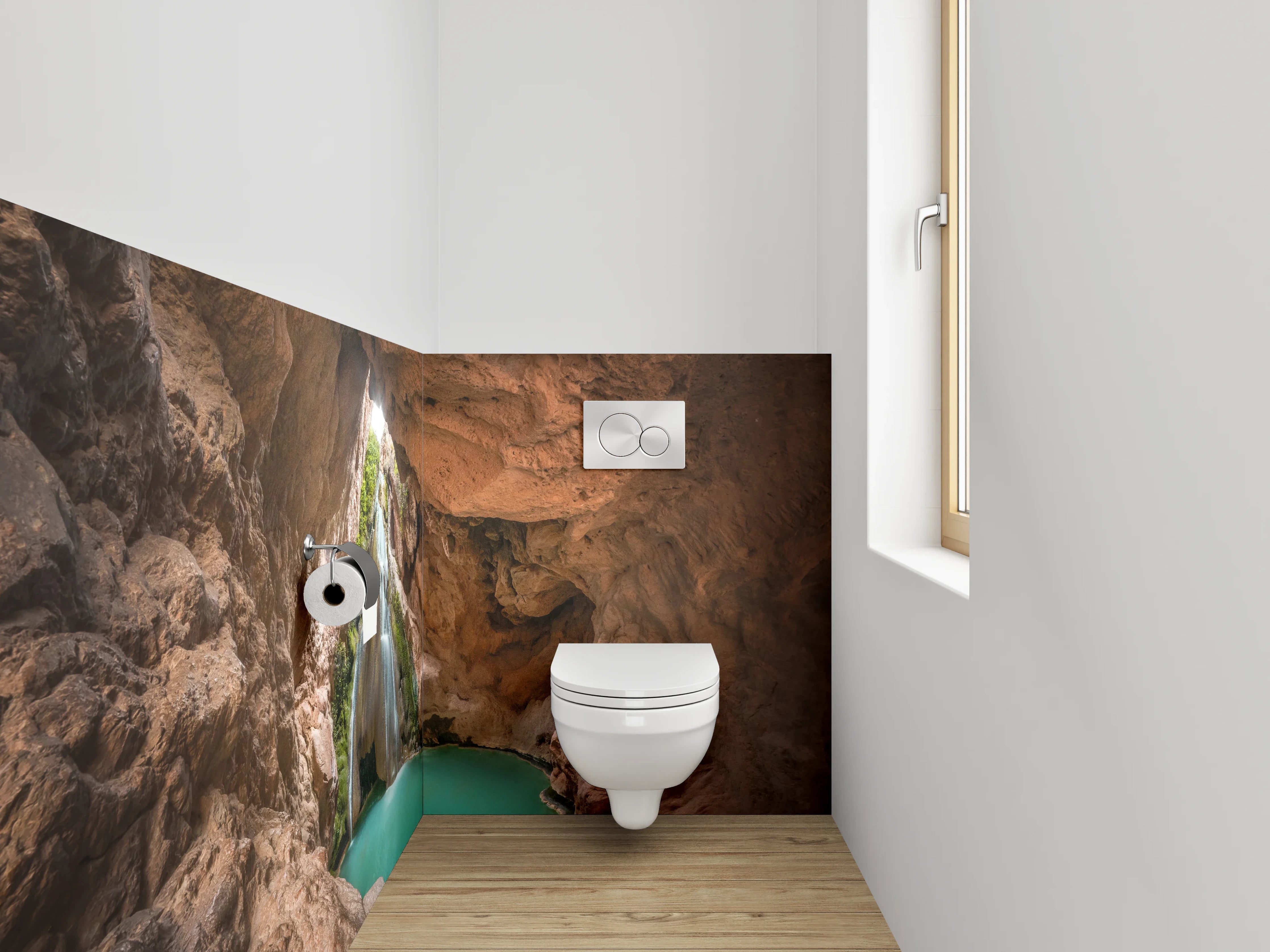 WC-Rückwand - Naturhöhle mit Wasserfall und türkisfarbenem Becken