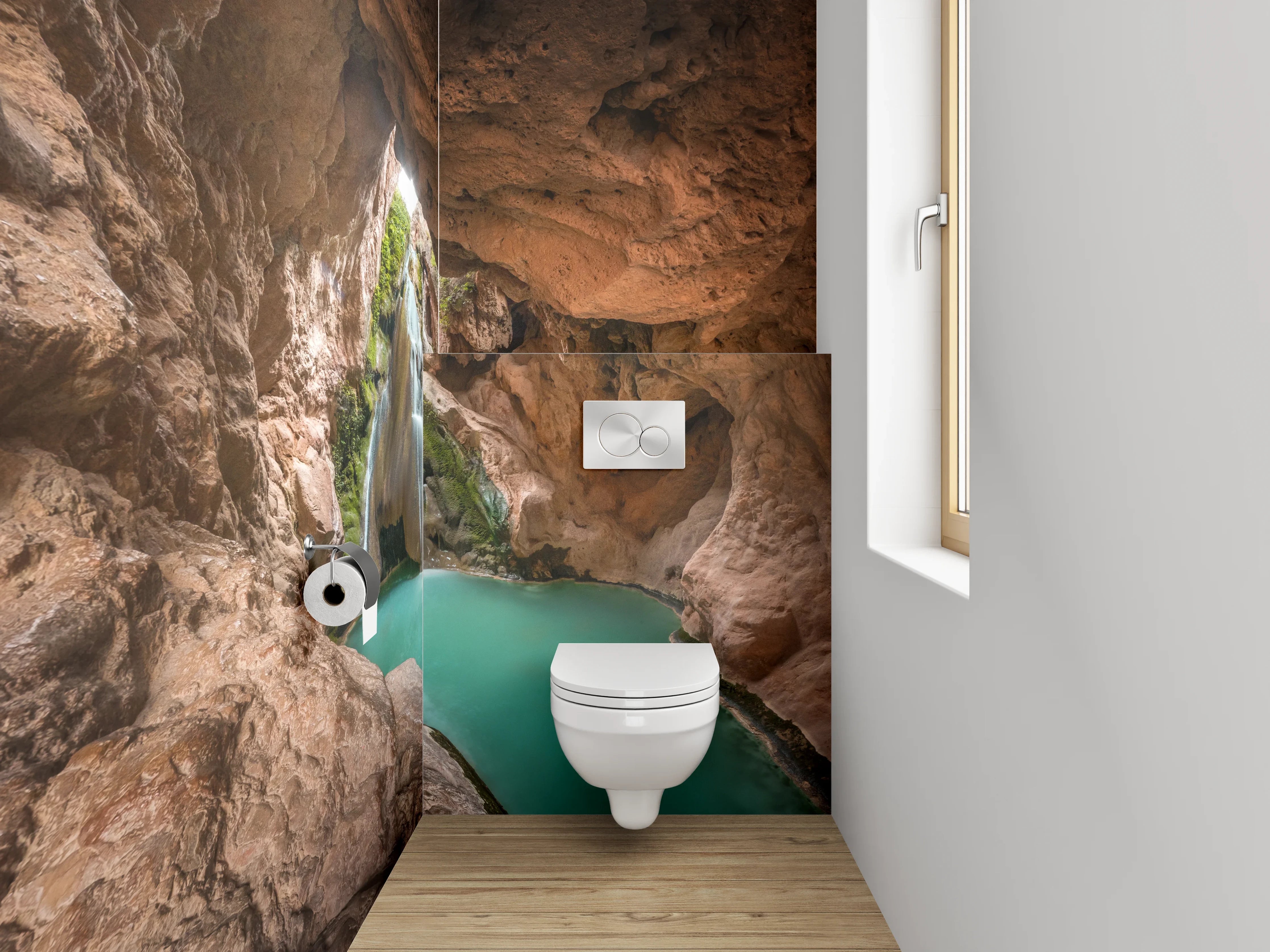 WC-Rückwand - Naturhöhle mit Wasserfall und türkisfarbenem Becken
