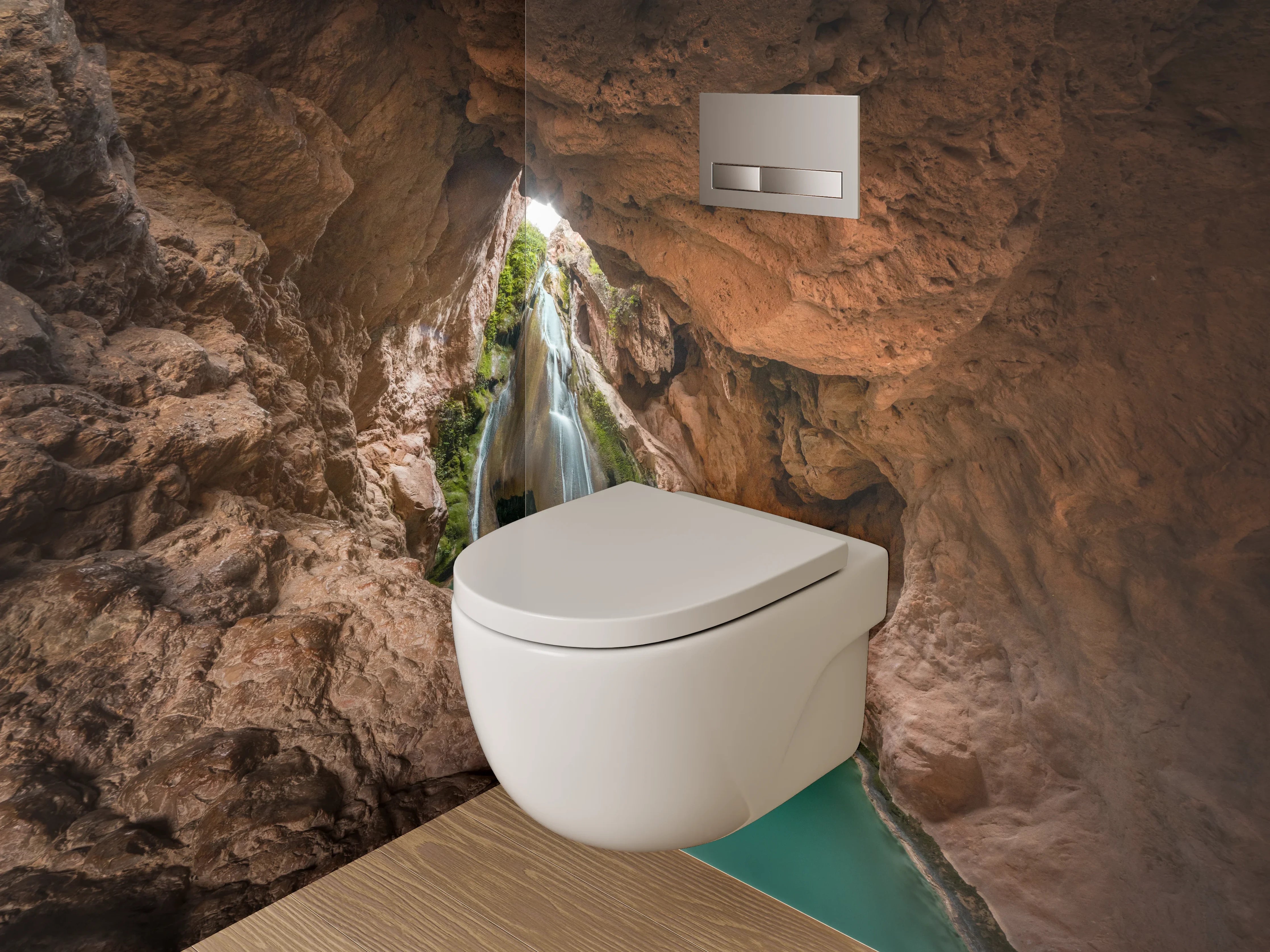 WC-Rückwand - Naturhöhle mit Wasserfall und türkisfarbenem Becken