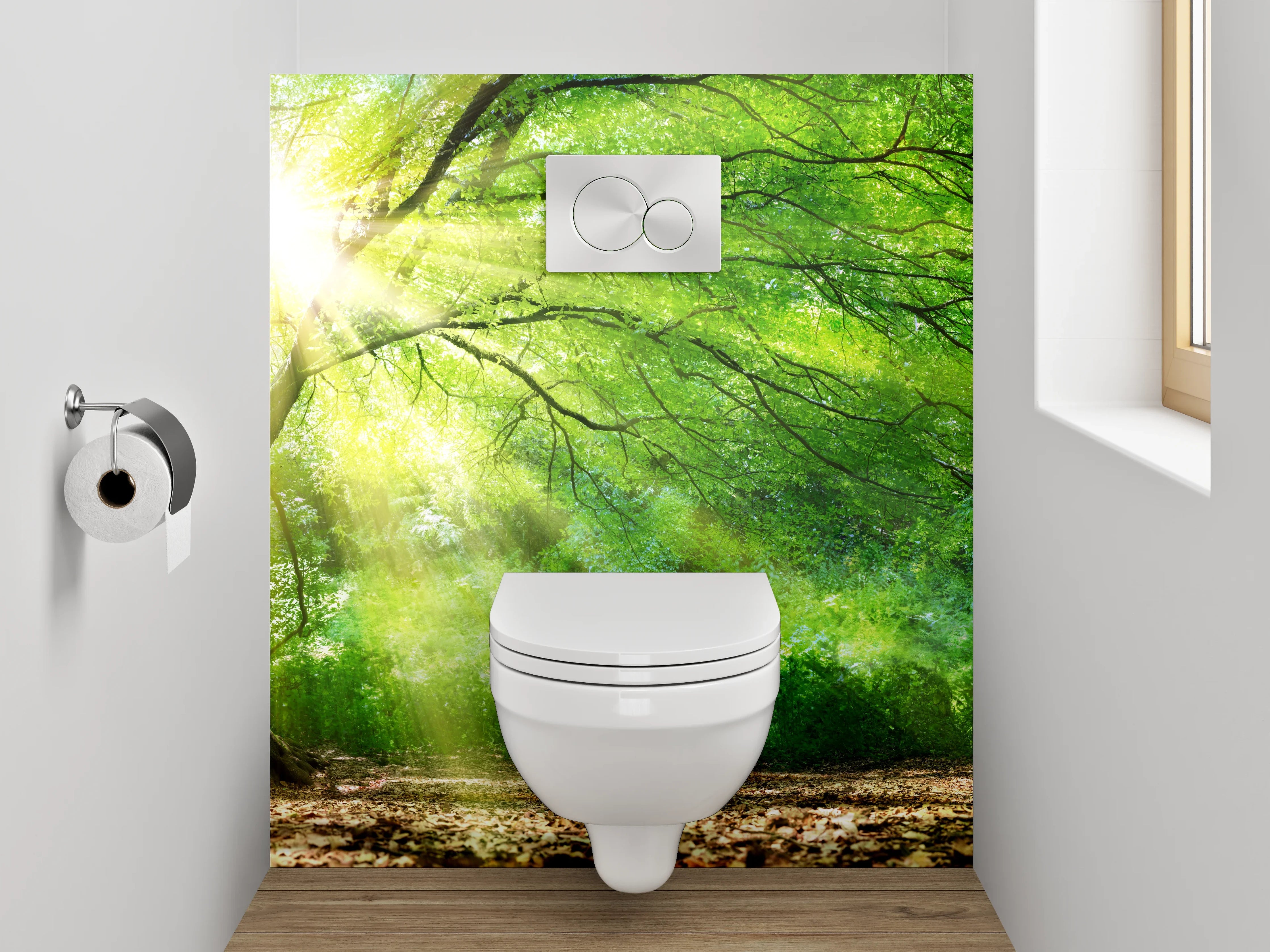 WC-Rückwand - Natursonne hinter grünem Baum
