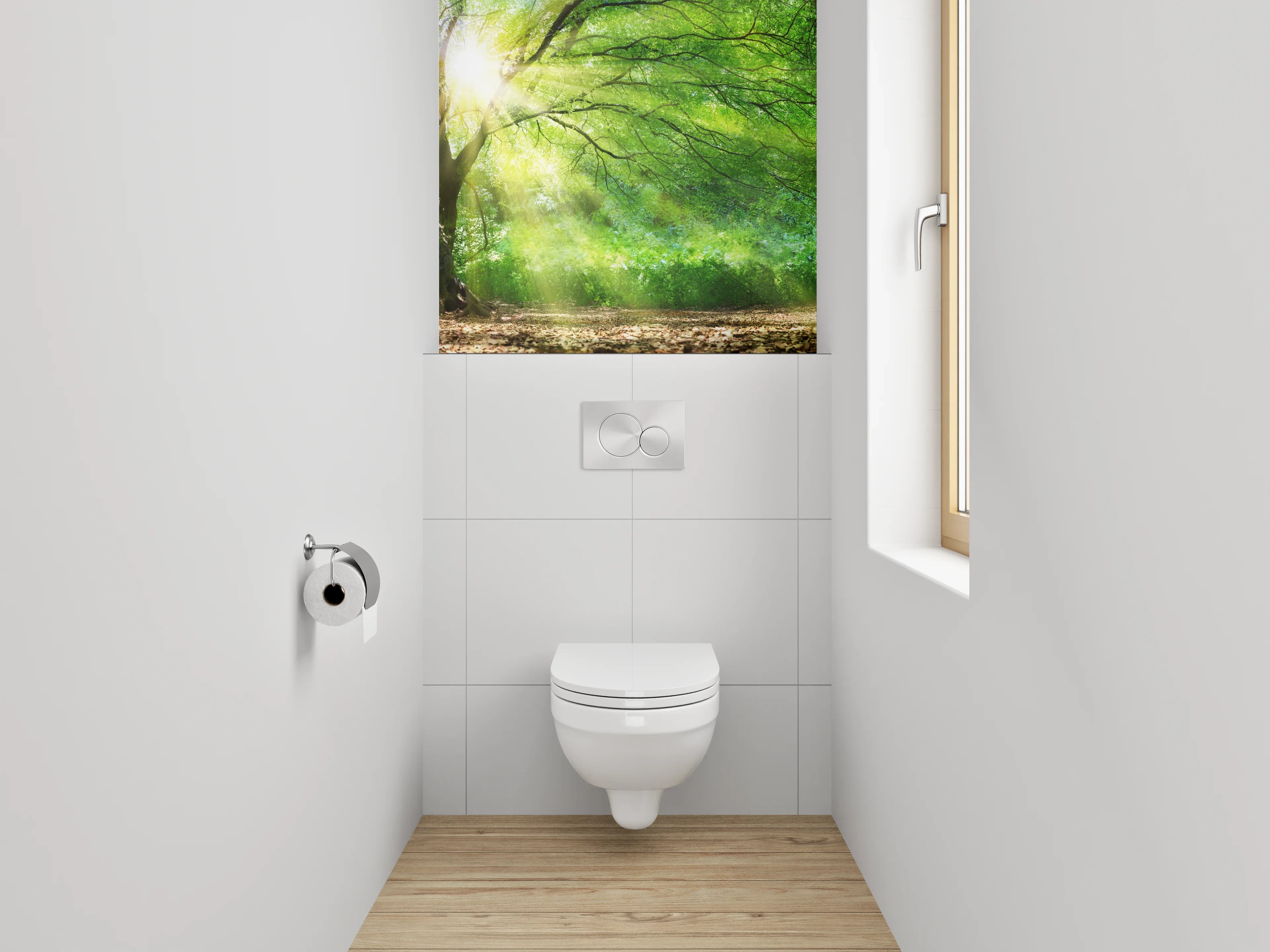 WC-Rückwand - Natursonne hinter grünem Baum