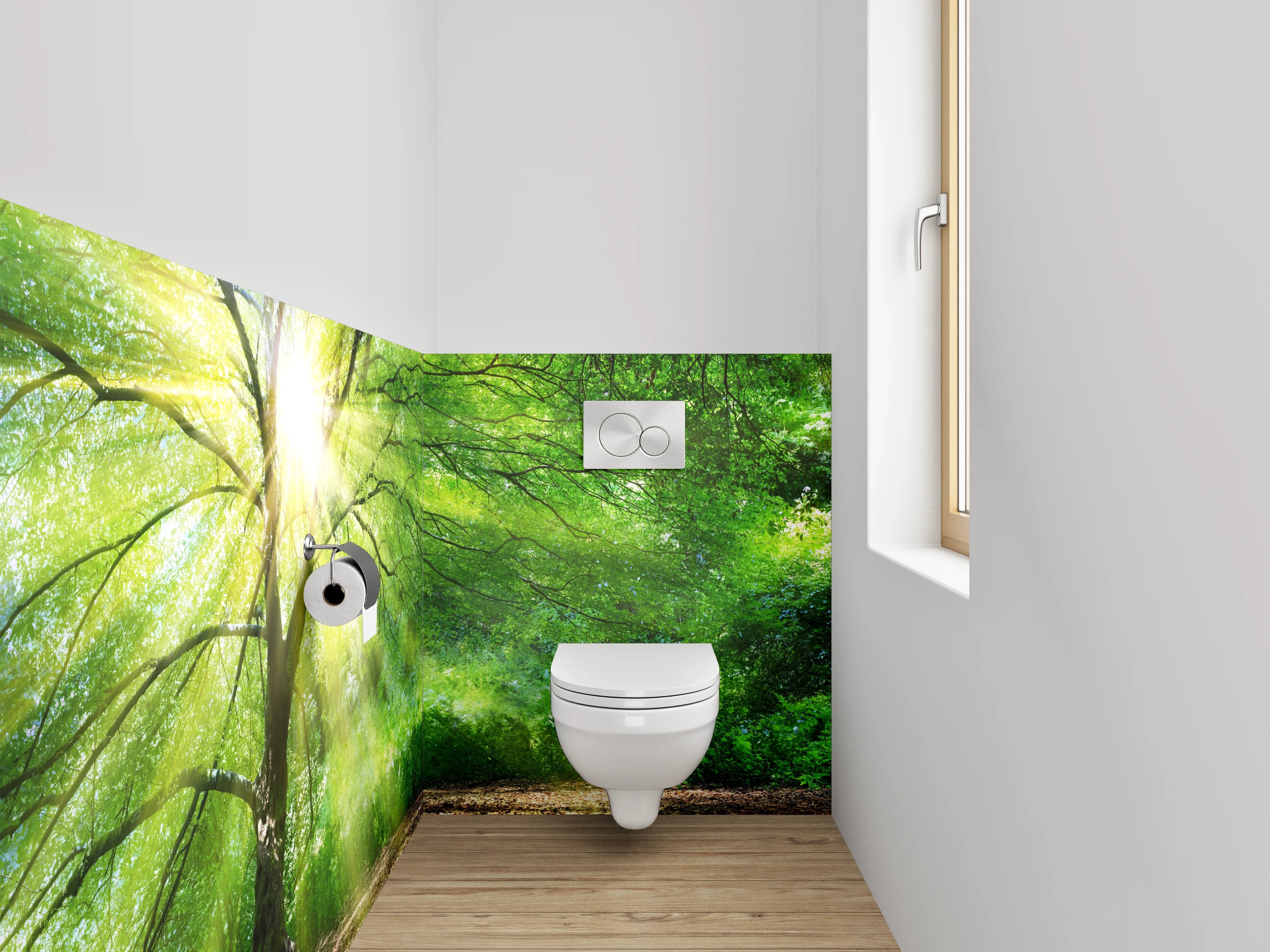 WC-Rückwand - Natursonne hinter grünem Baum