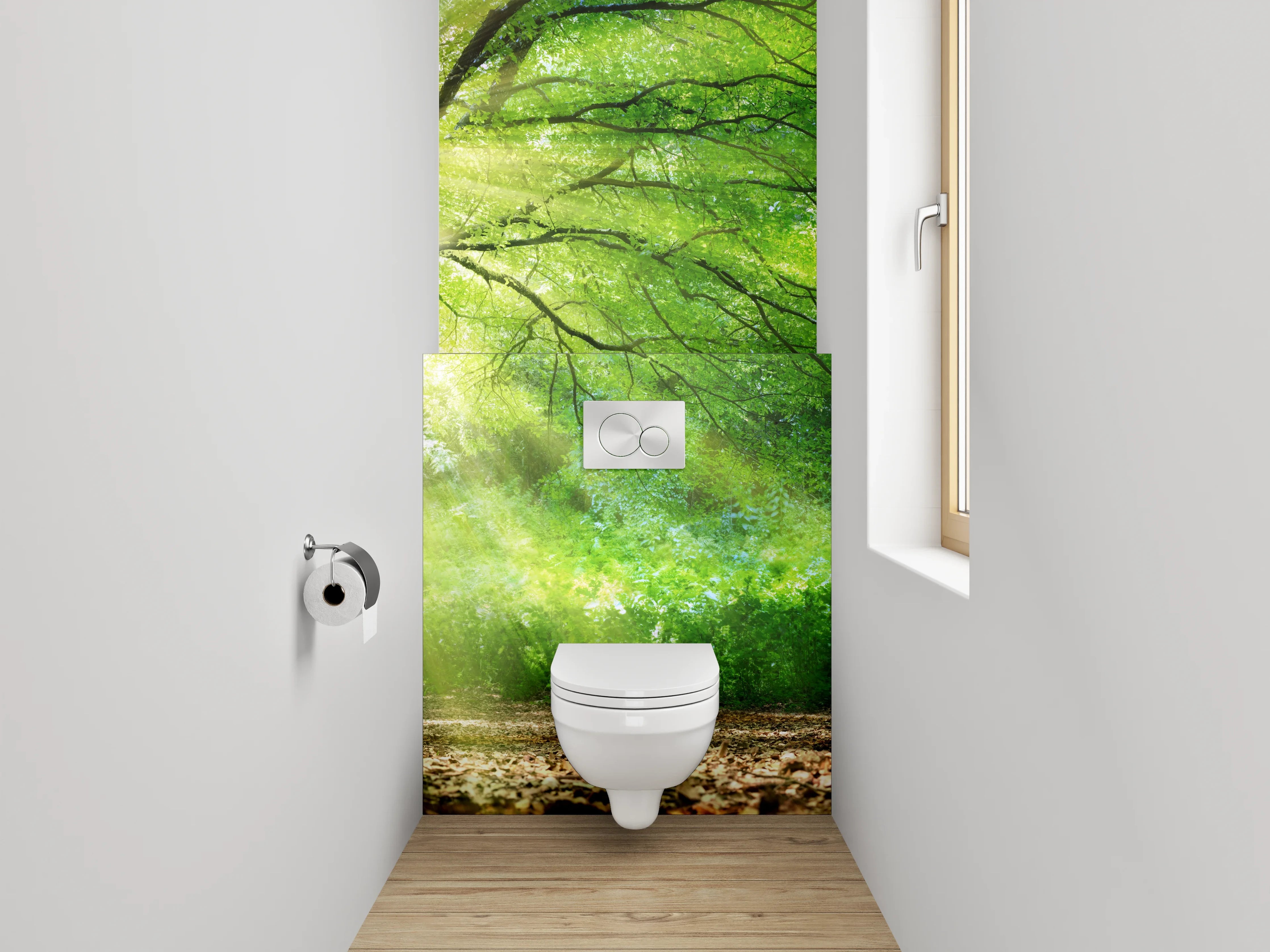 WC-Rückwand - Natursonne hinter grünem Baum