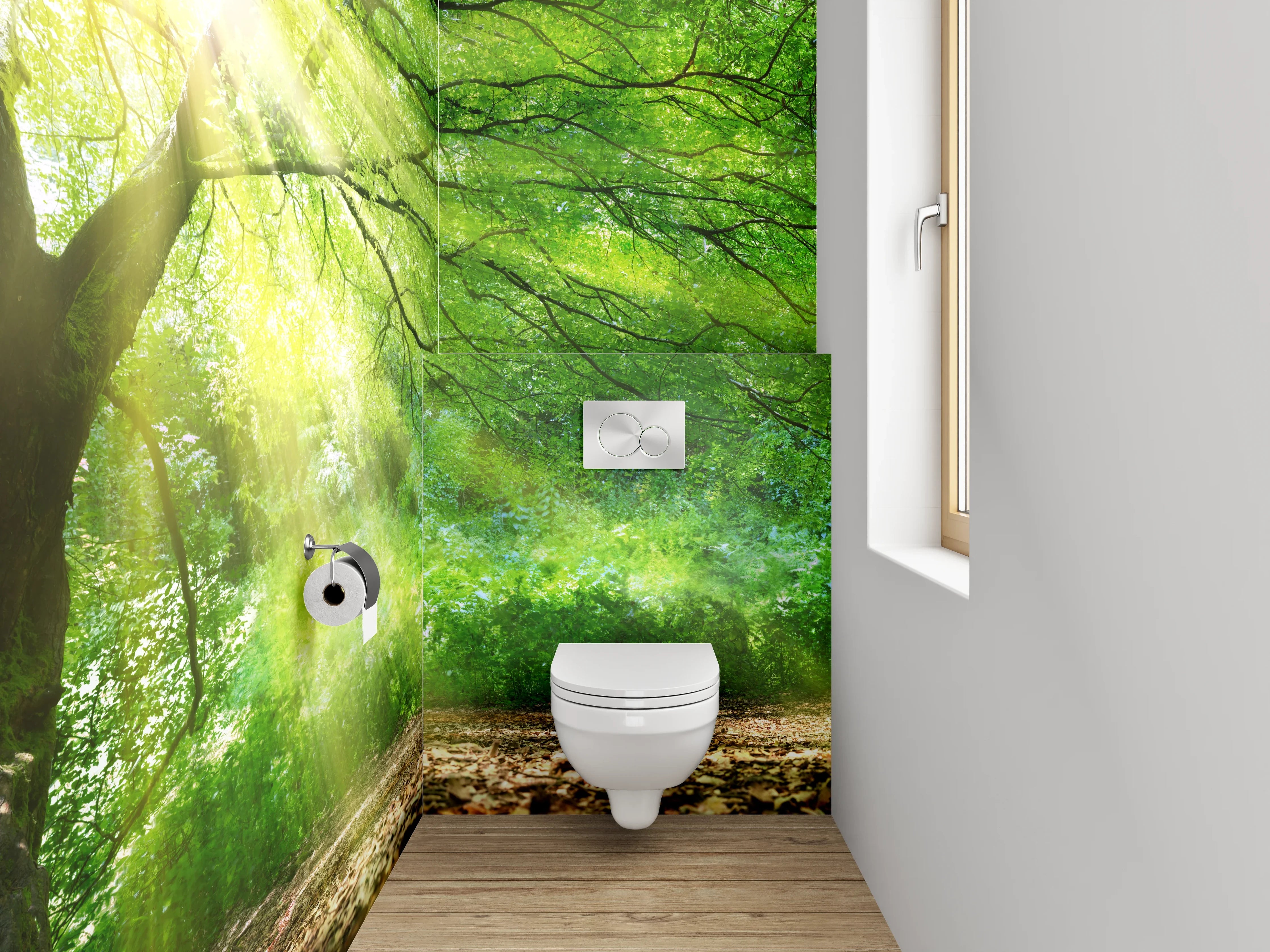 WC-Rückwand - Natursonne hinter grünem Baum