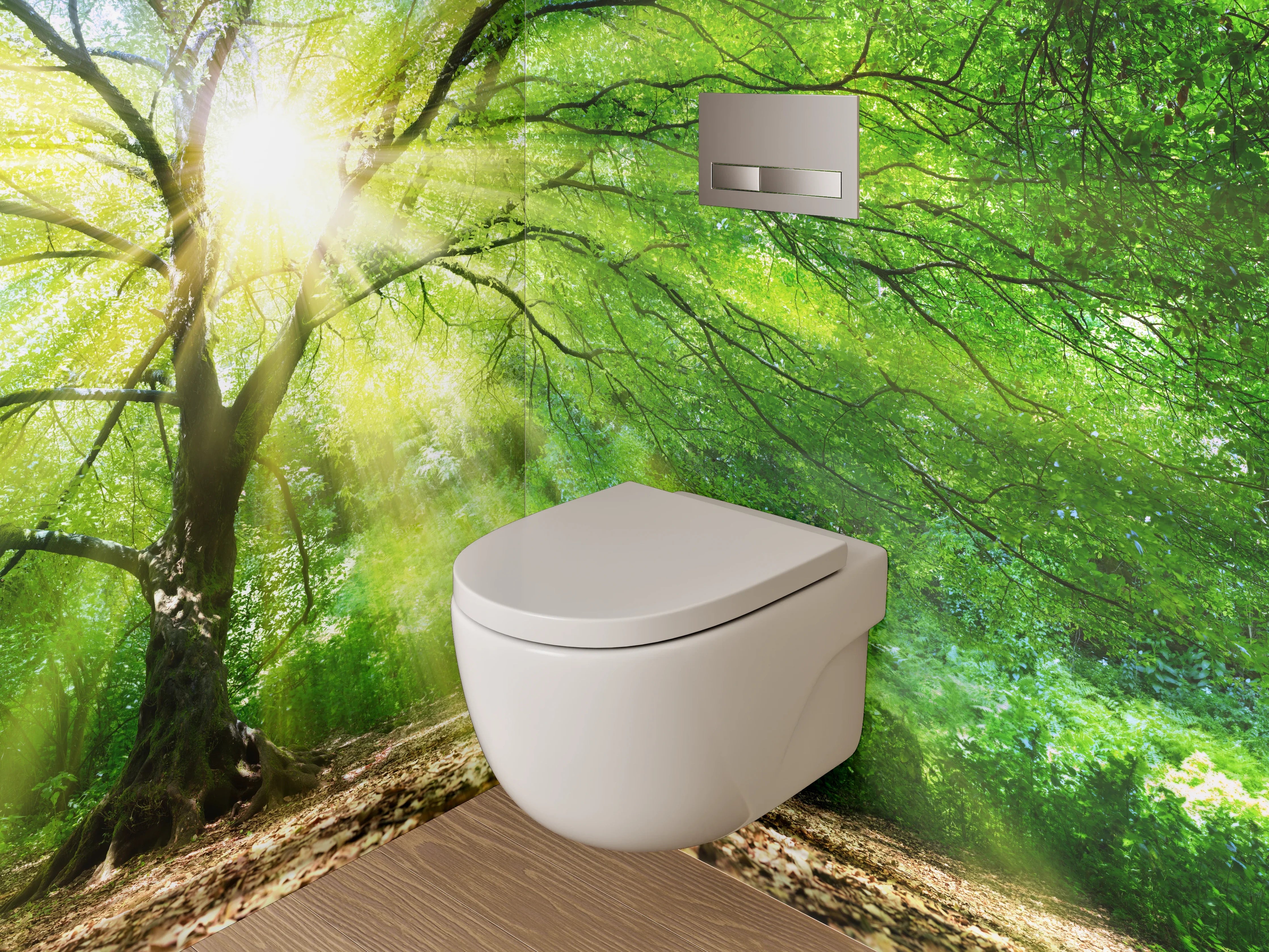 WC-Rückwand - Natursonne hinter grünem Baum