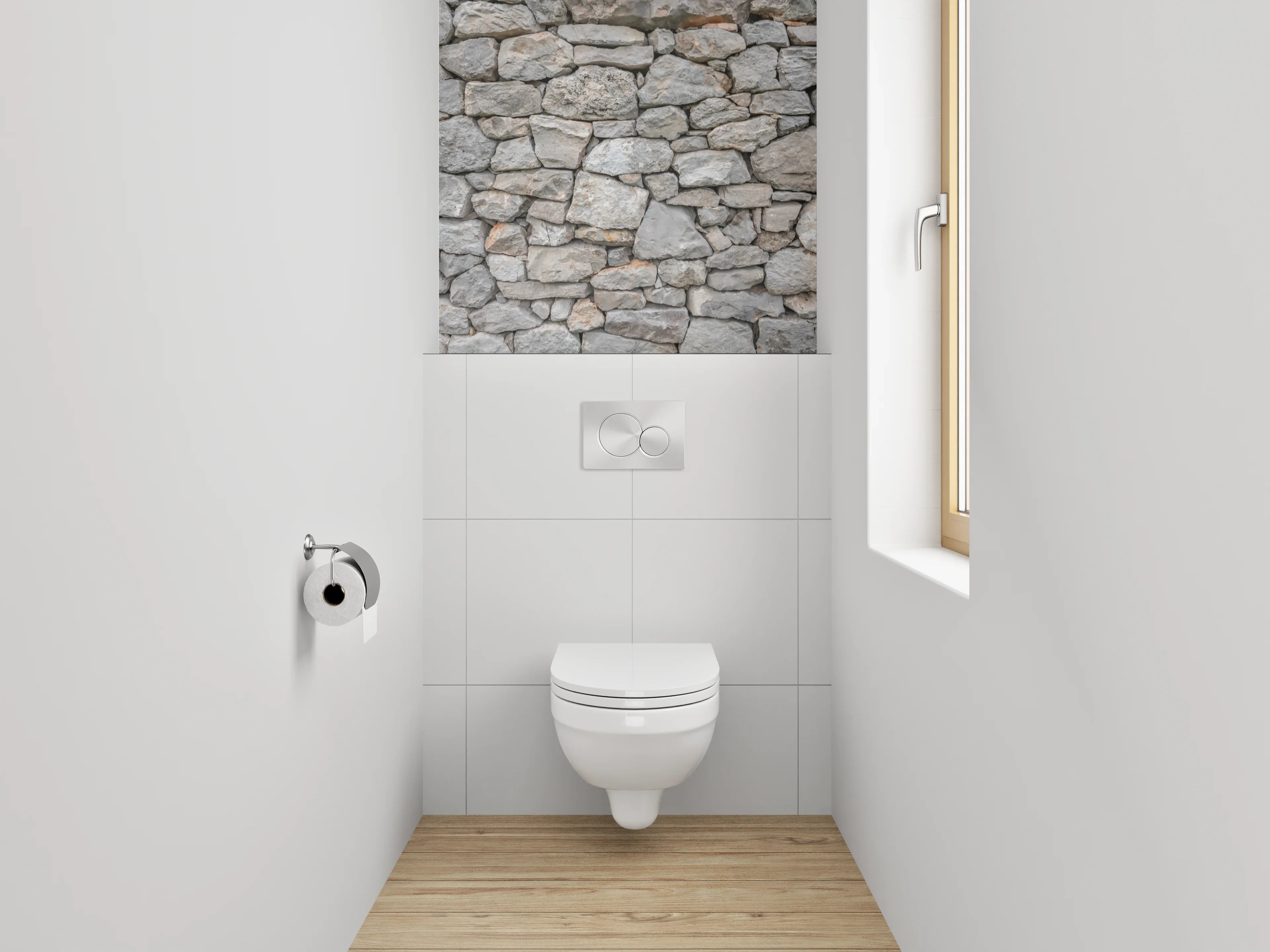 WC-Rückwand - Natursteinmauer in Grau und Beige