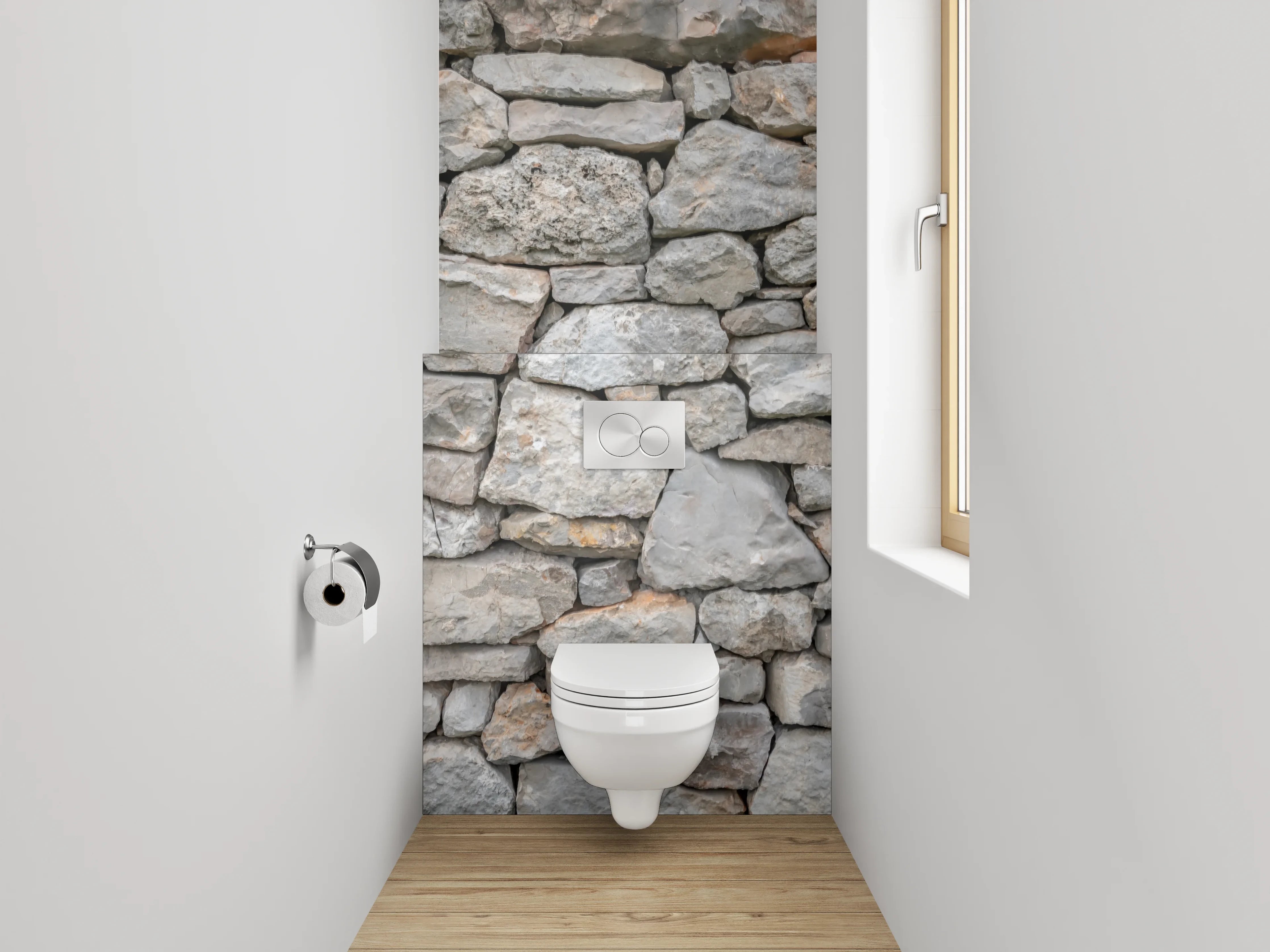 WC-Rückwand - Natursteinmauer in Grau und Beige