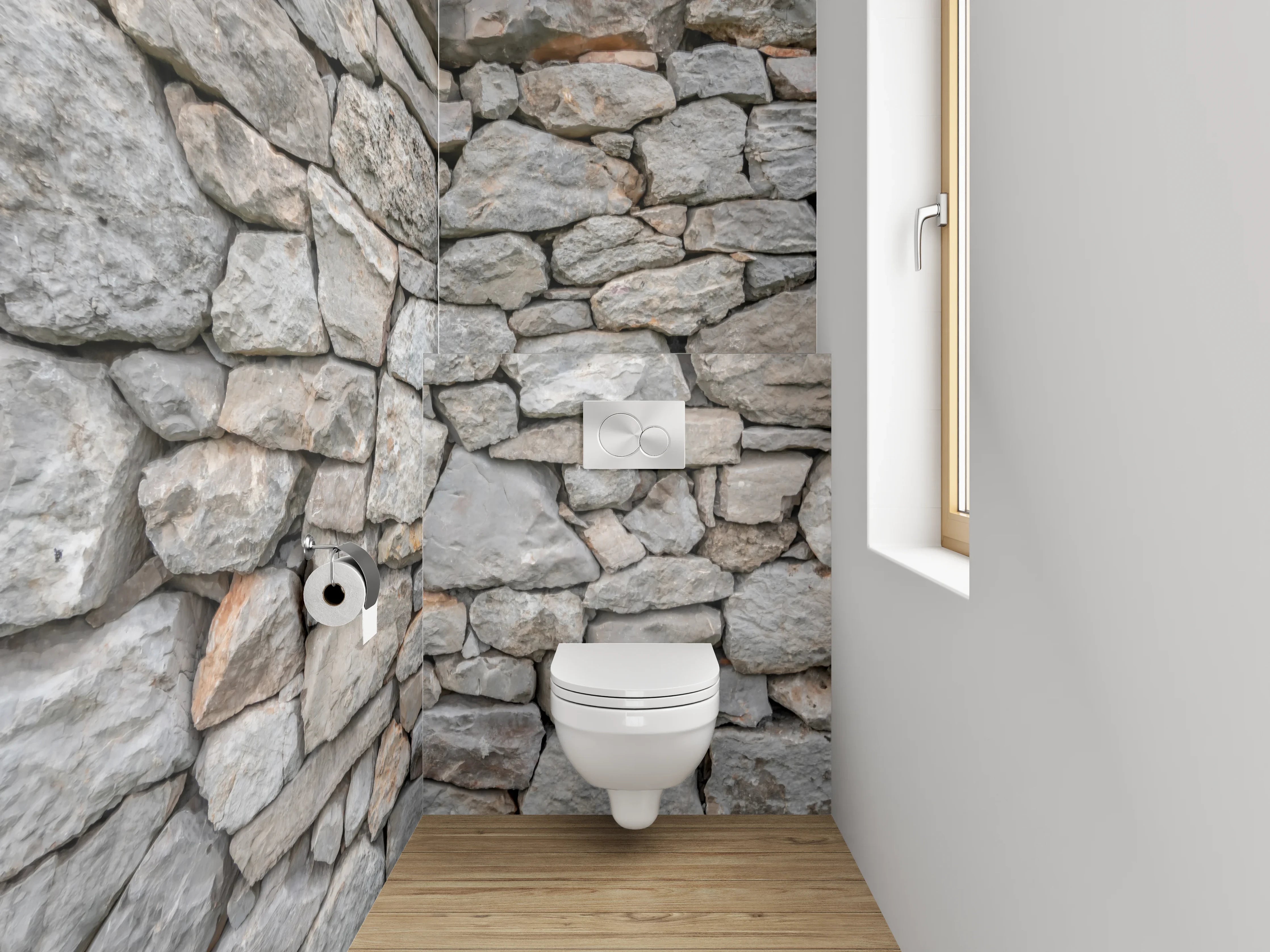 WC-Rückwand - Natursteinmauer in Grau und Beige