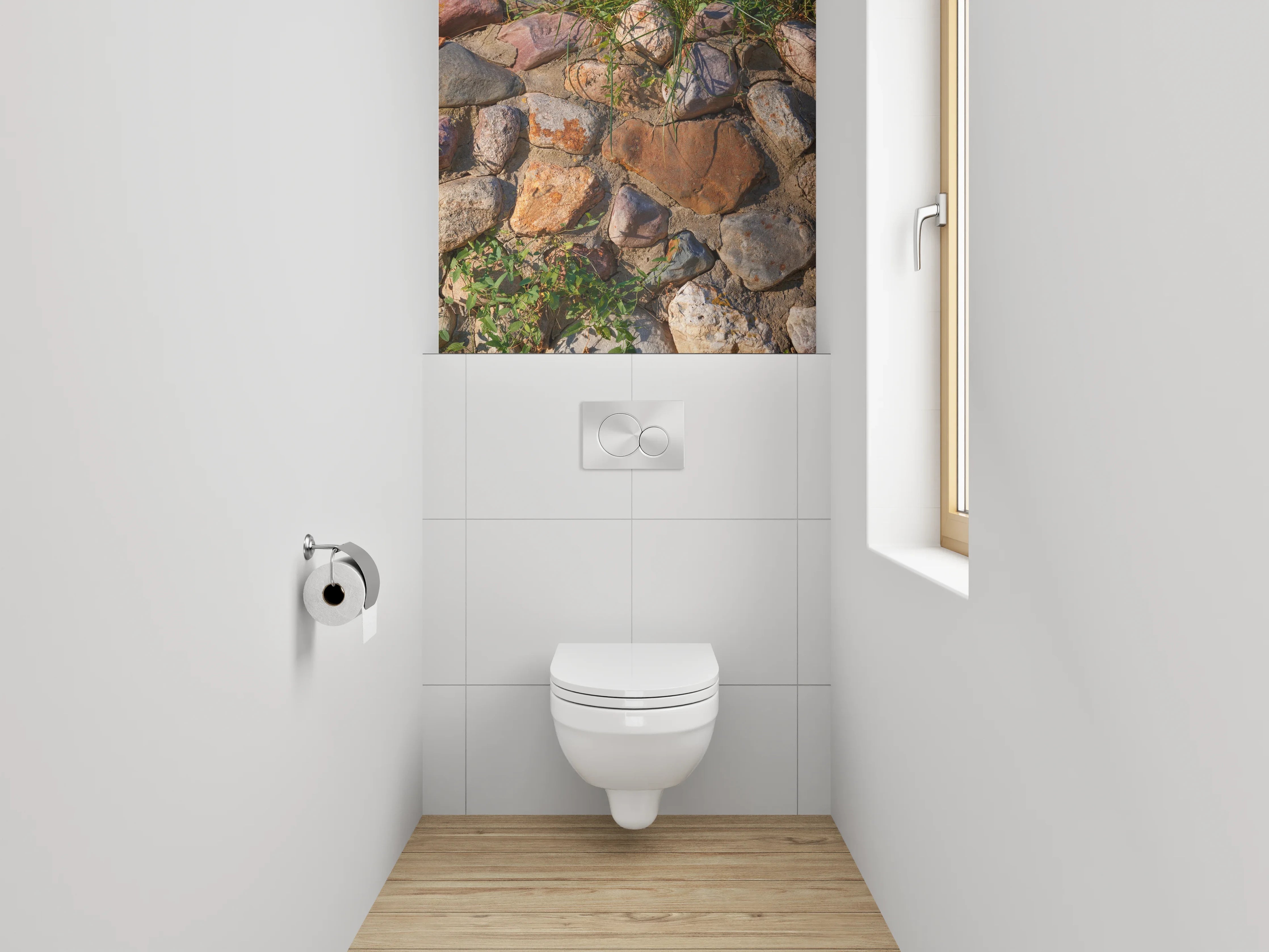 WC-Rückwand - Natursteinmauer mit Pflanzen