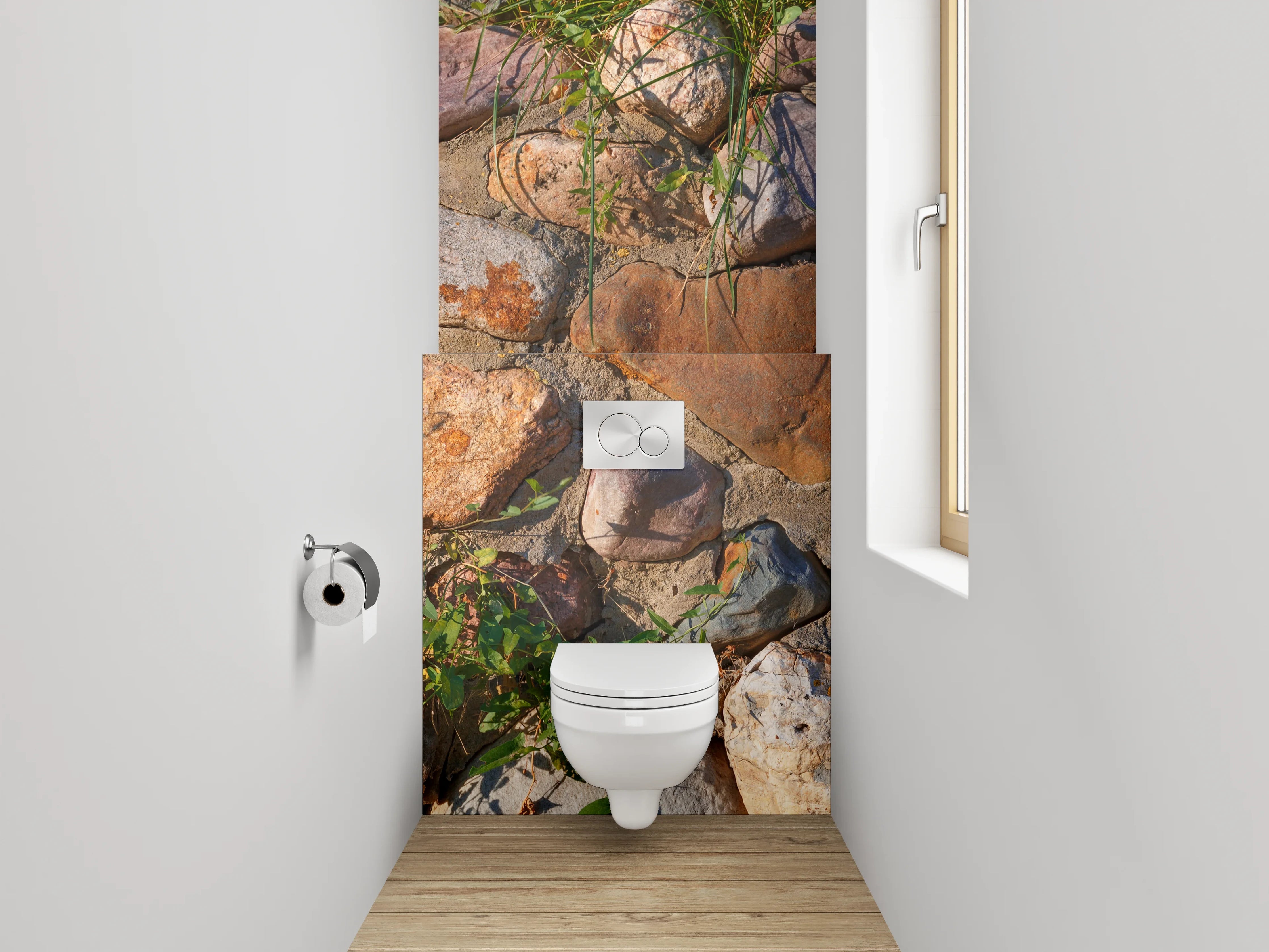 WC-Rückwand - Natursteinmauer mit Pflanzen