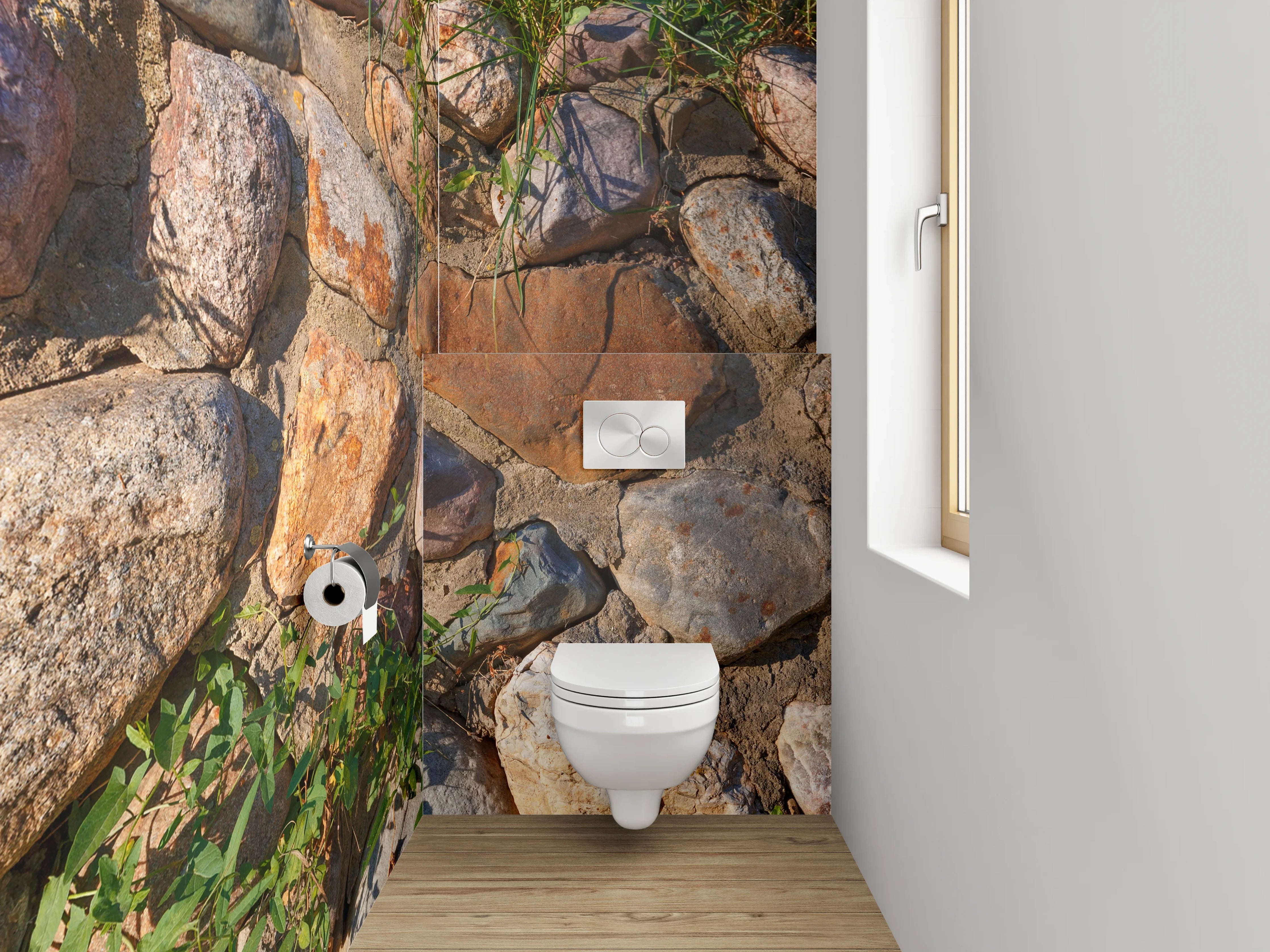 WC-Rückwand - Natursteinmauer mit Pflanzen