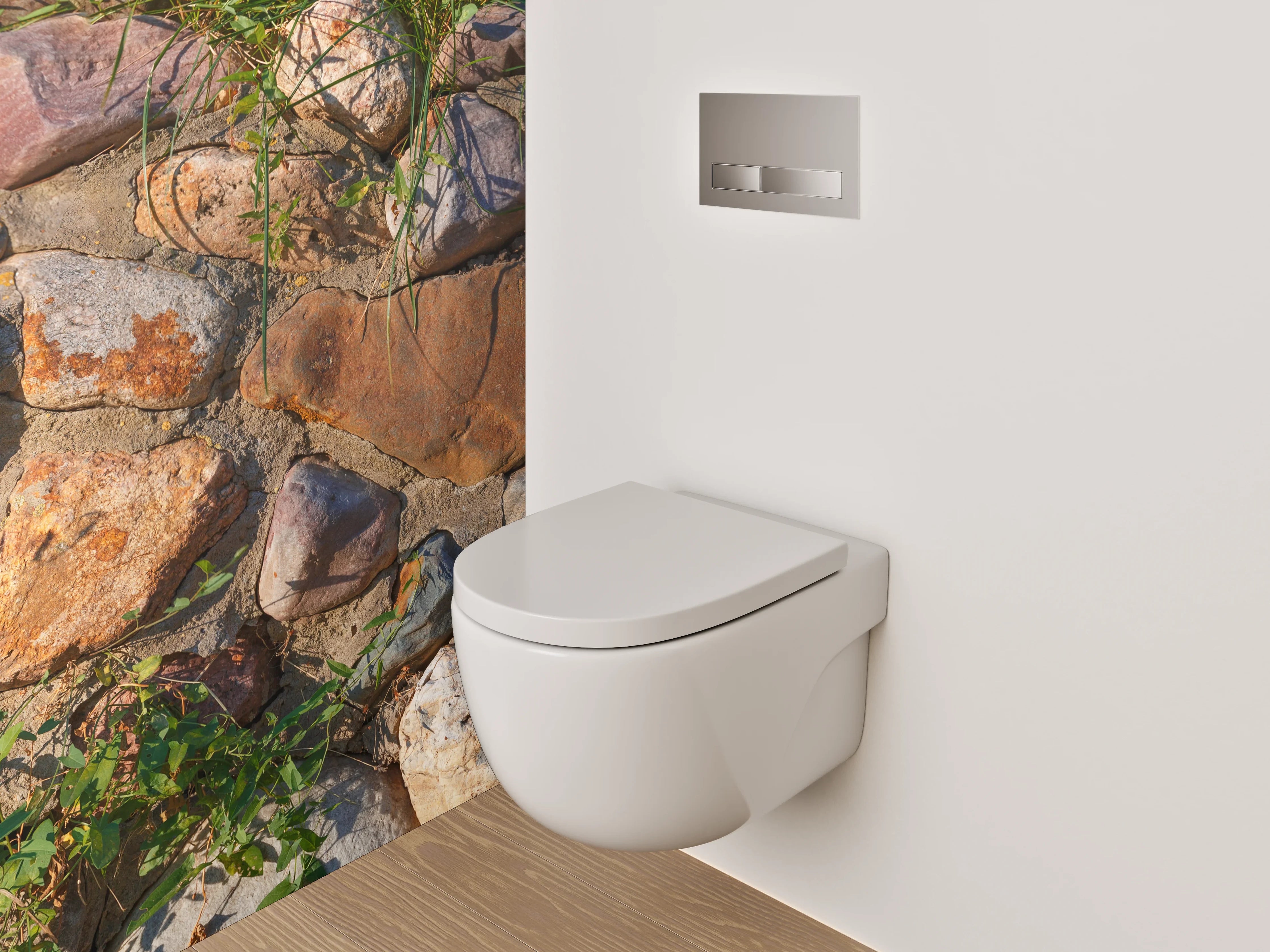 WC-Rückwand - Natursteinmauer mit Pflanzen