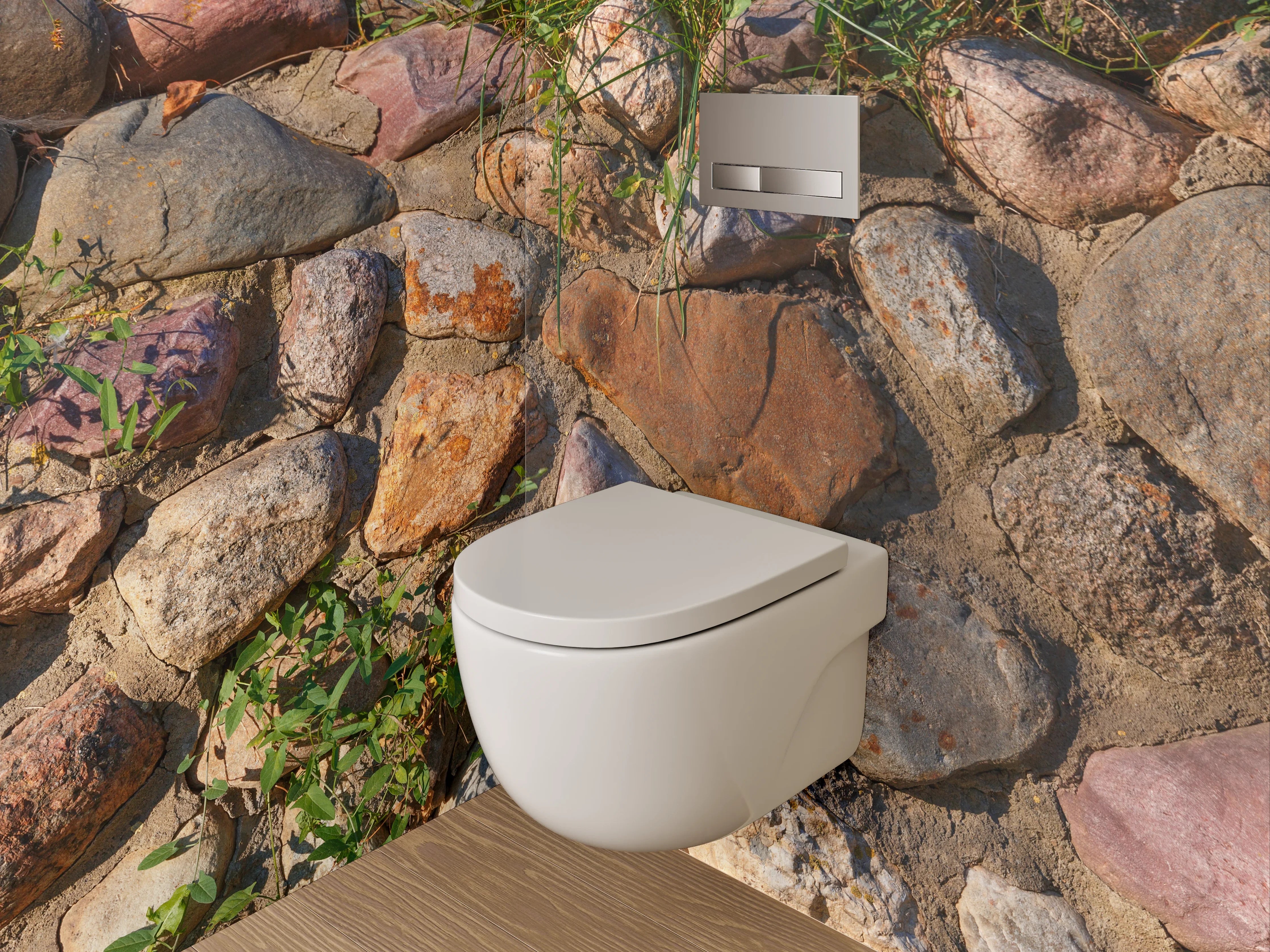 WC-Rückwand - Natursteinmauer mit Pflanzen