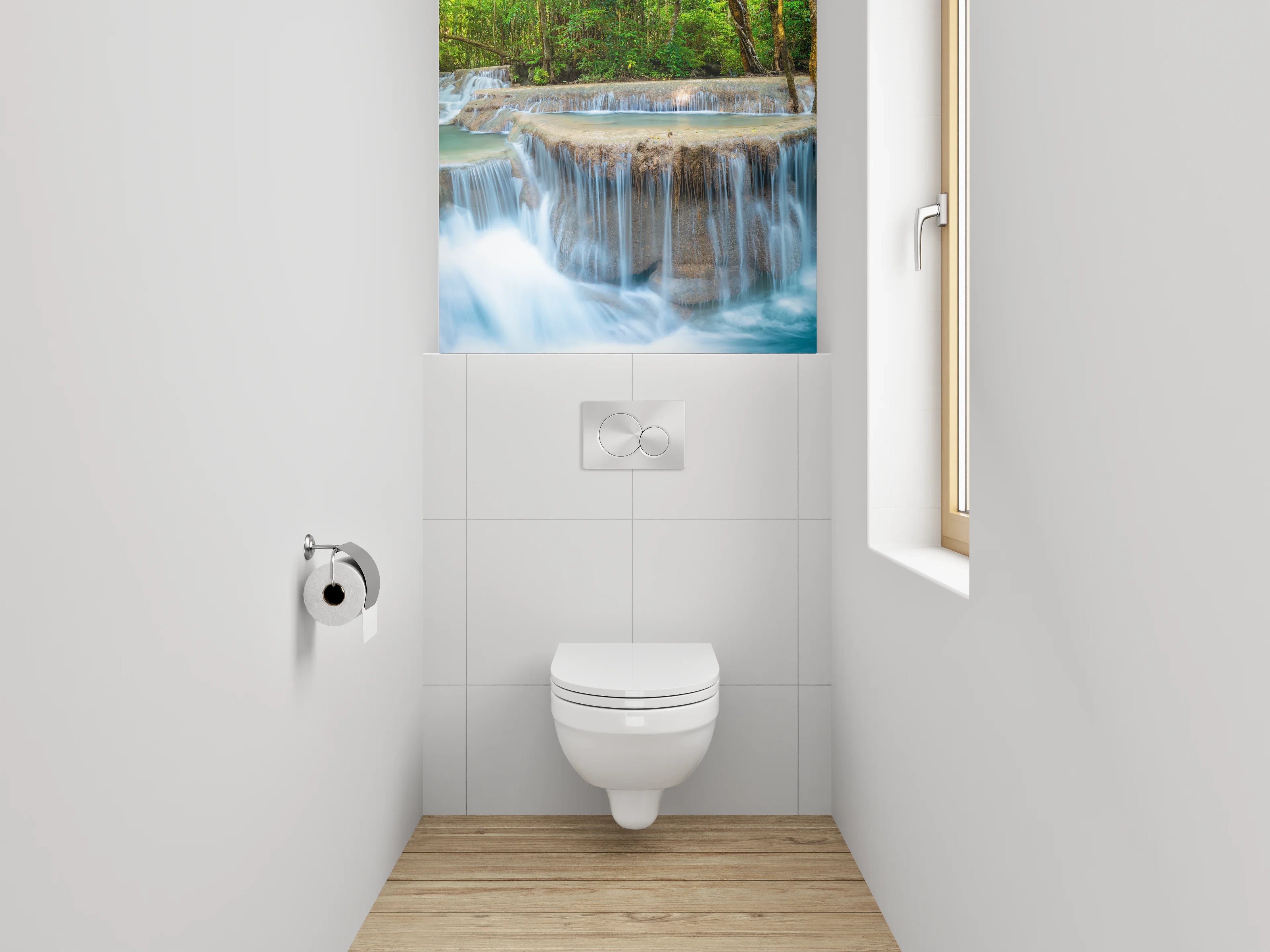 WC-Rückwand - Nebelgraue Wasserfälle im weißen Urwald