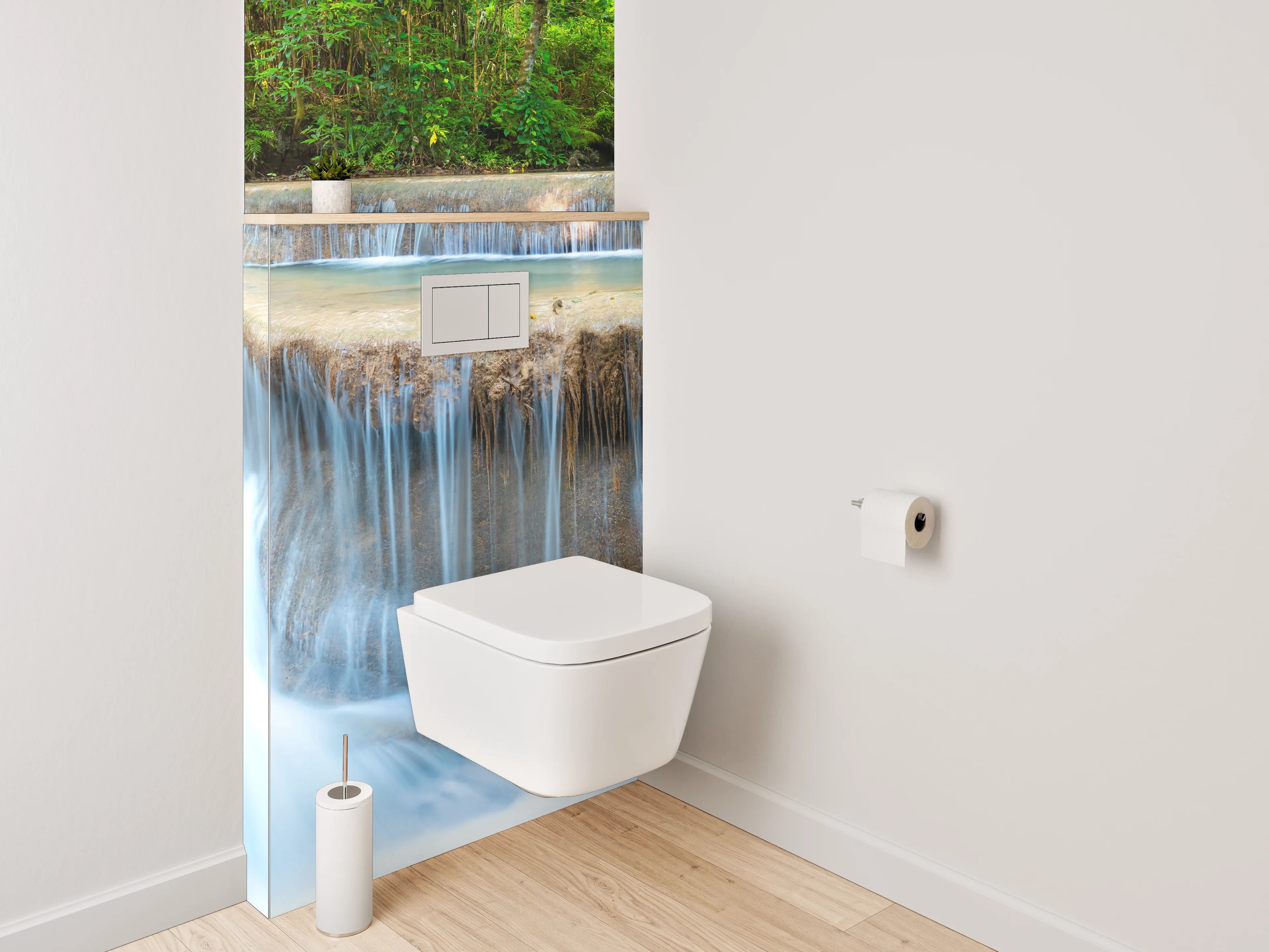WC-Rückwand - Nebelgraue Wasserfälle im weißen Urwald