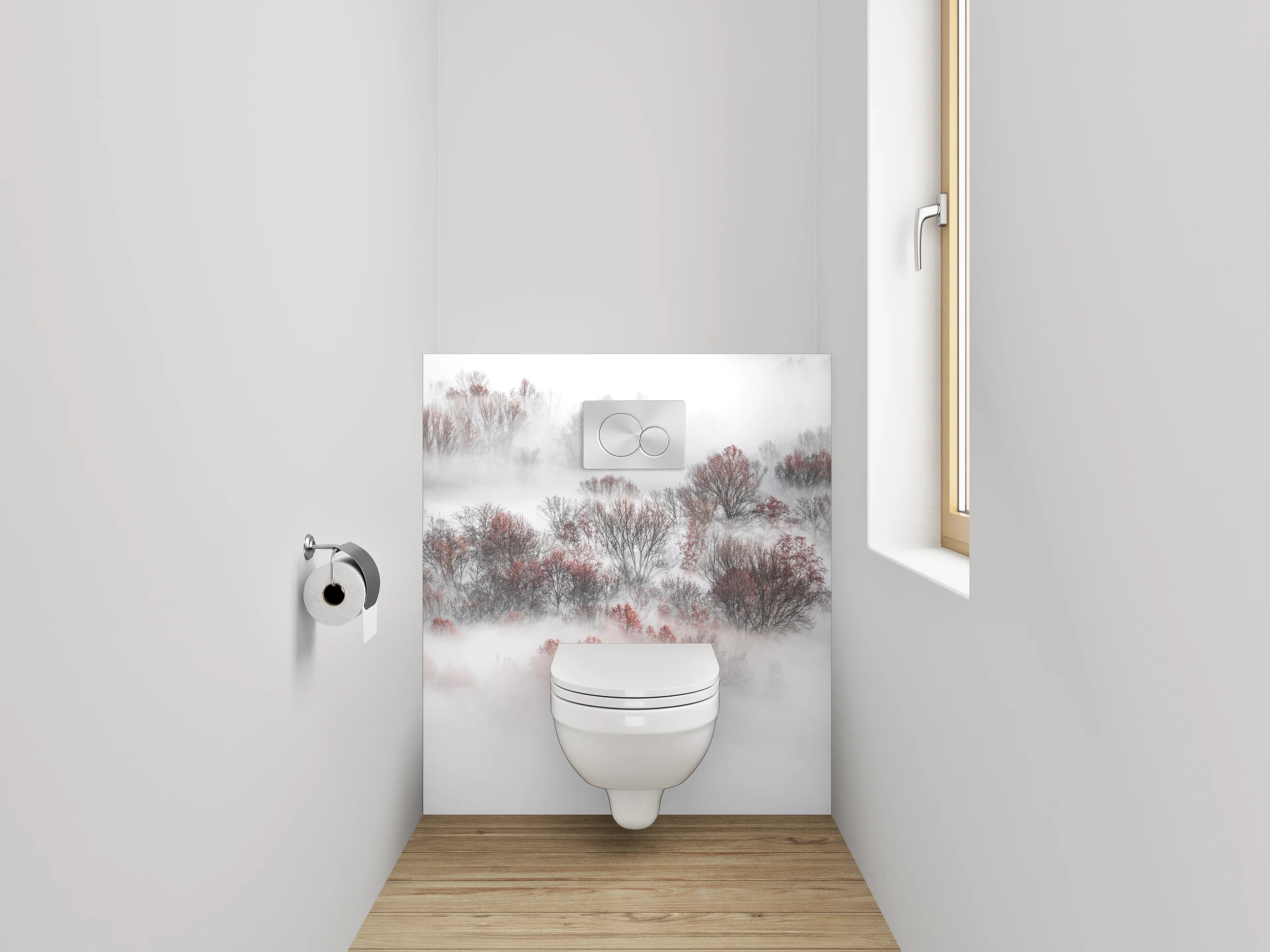 WC-Rückwand - Nebelwald Fotokunst Weiß Grau Braun