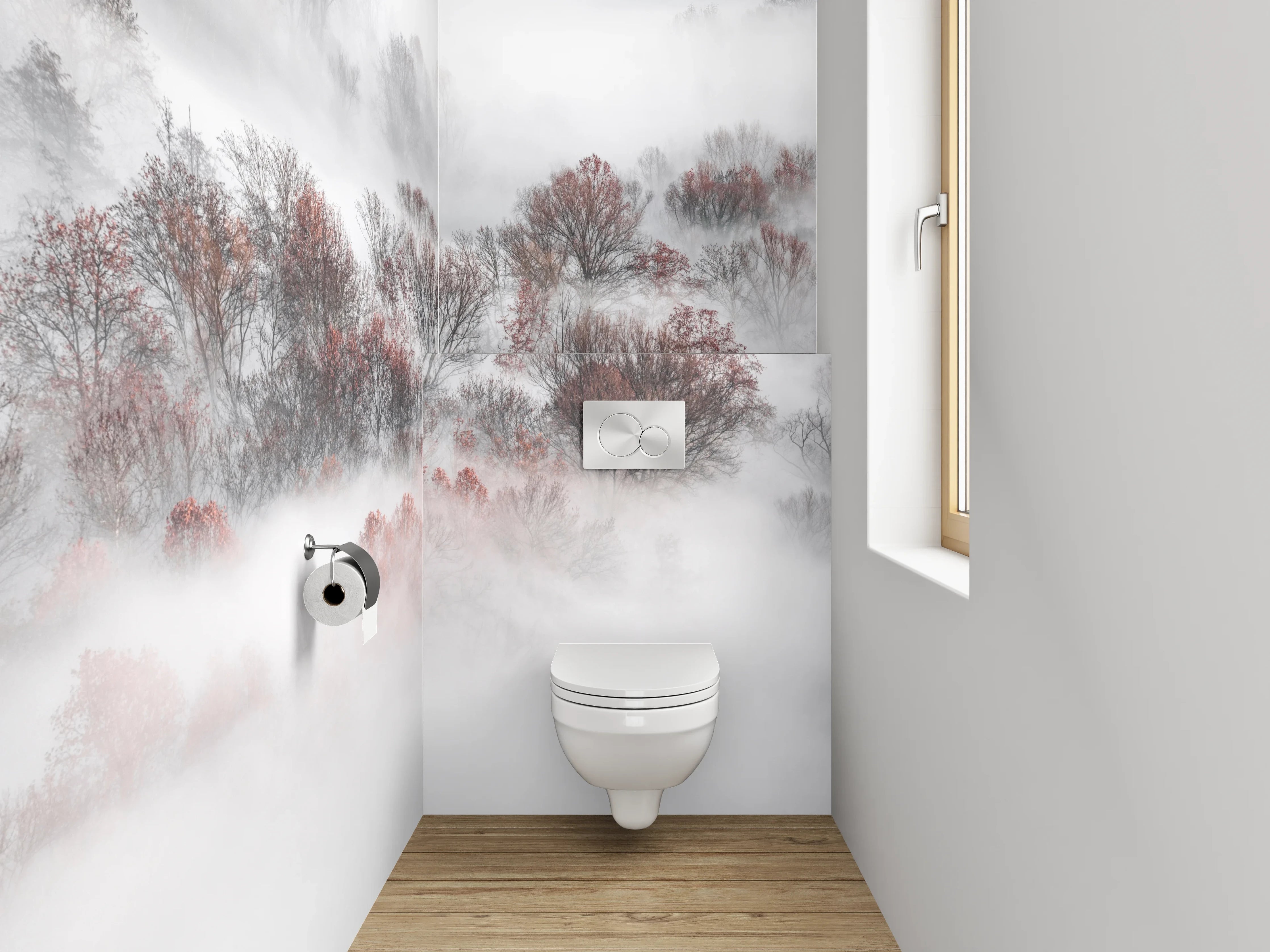 WC-Rückwand - Nebelwald Fotokunst Weiß Grau Braun