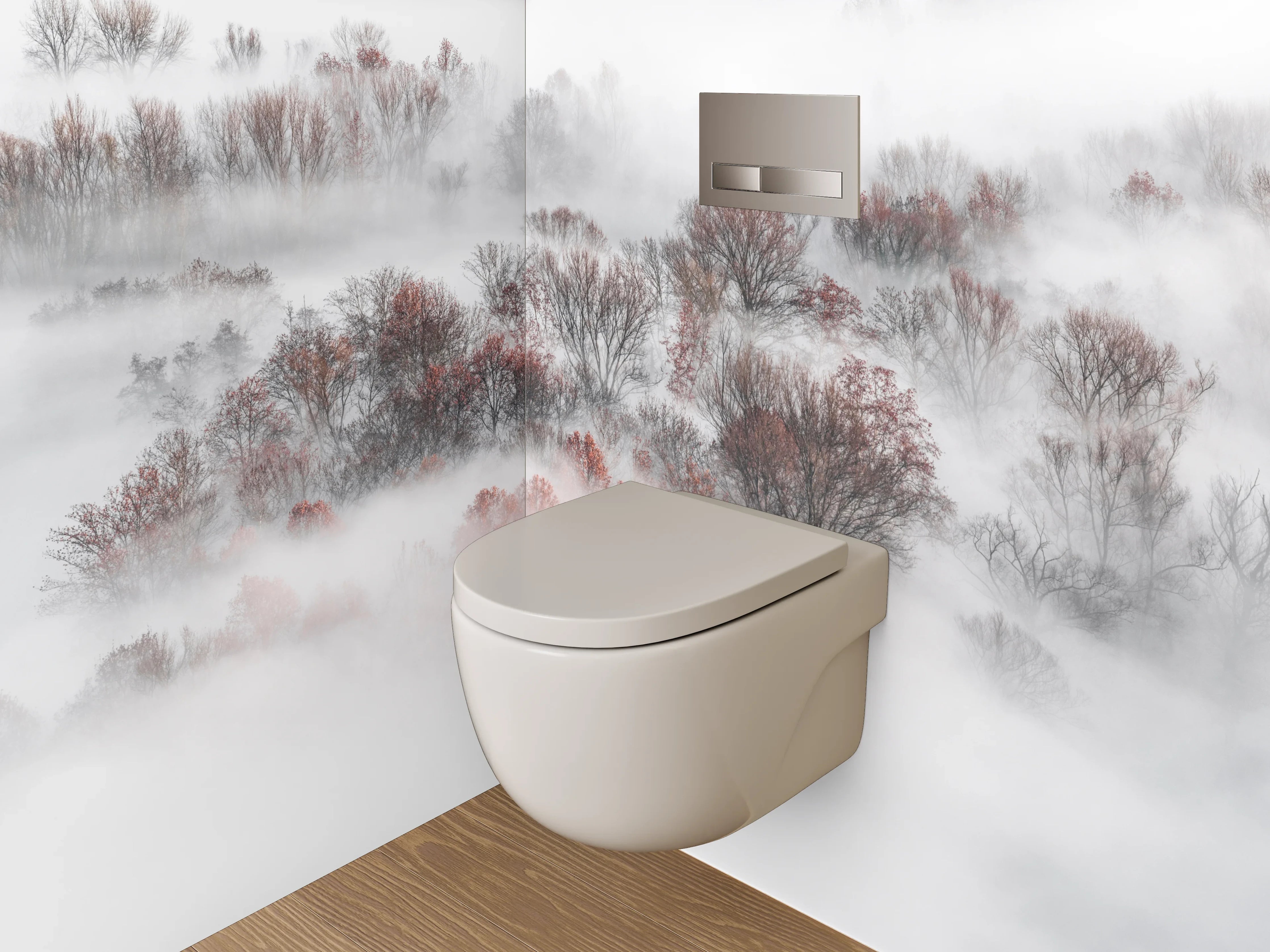 WC-Rückwand - Nebelwald Fotokunst Weiß Grau Braun