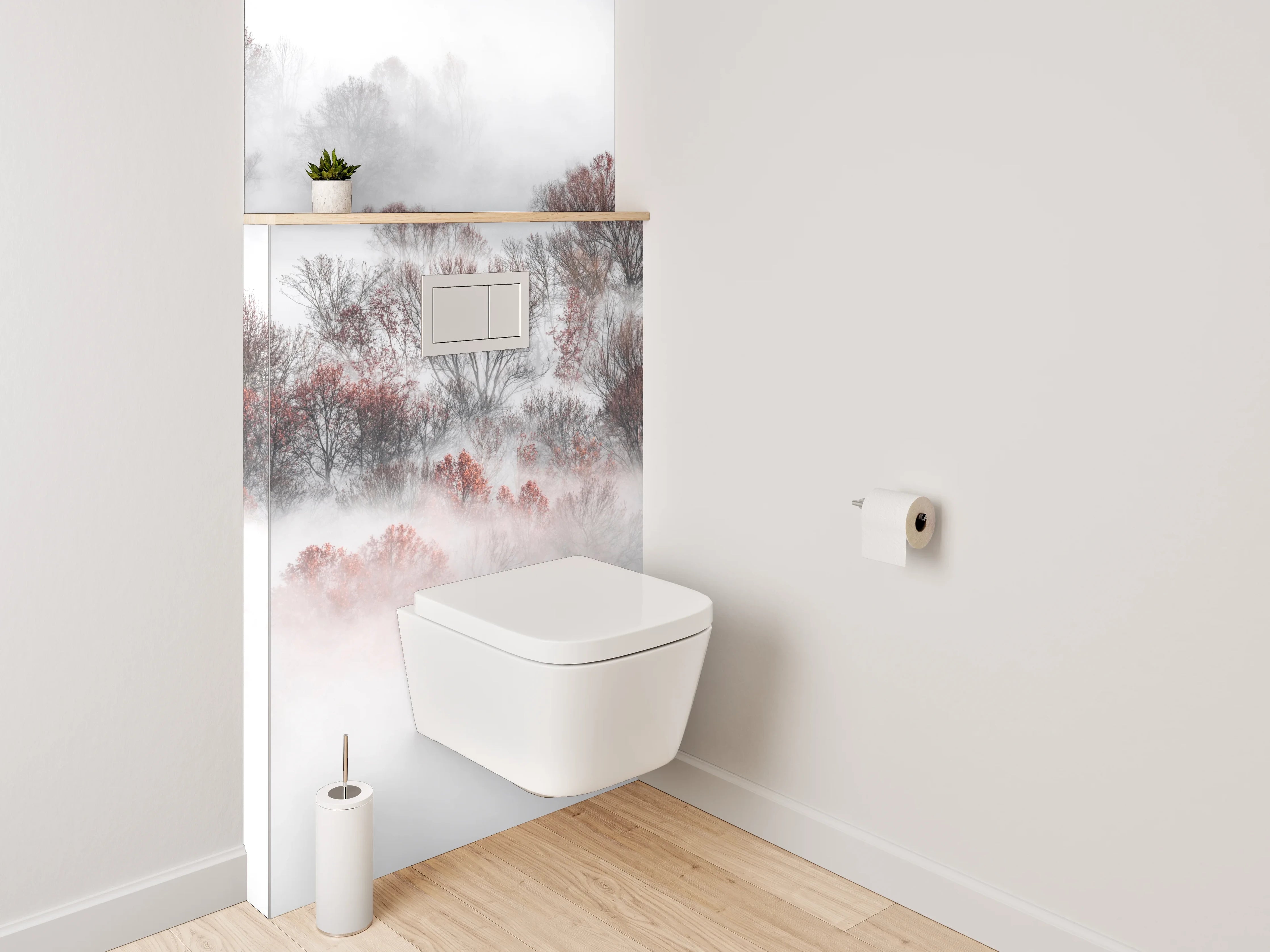 WC-Rückwand - Nebelwald Fotokunst Weiß Grau Braun