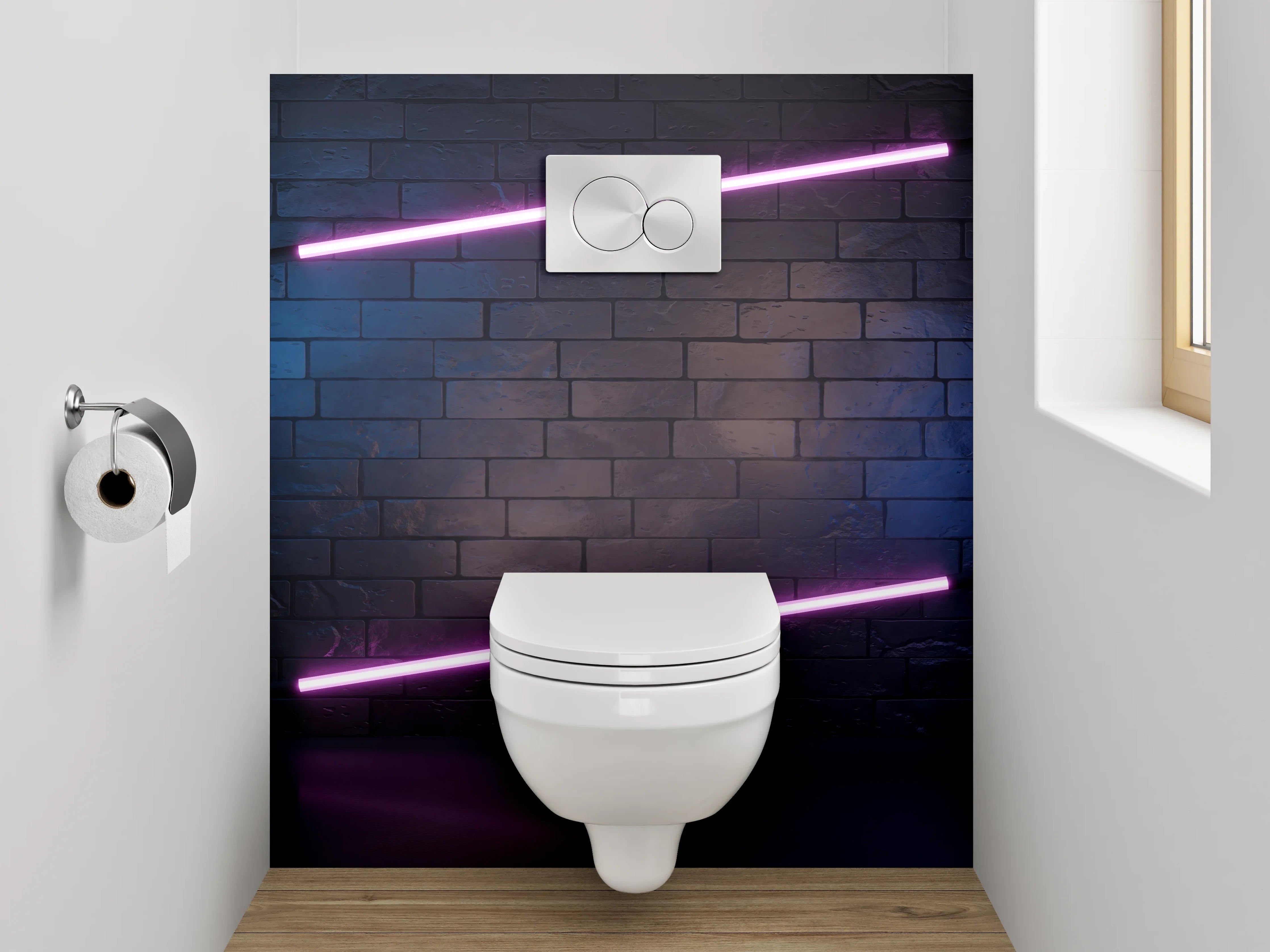 WC-Rückwand - Neon Lichter auf Ziegelwand – Modernes Design