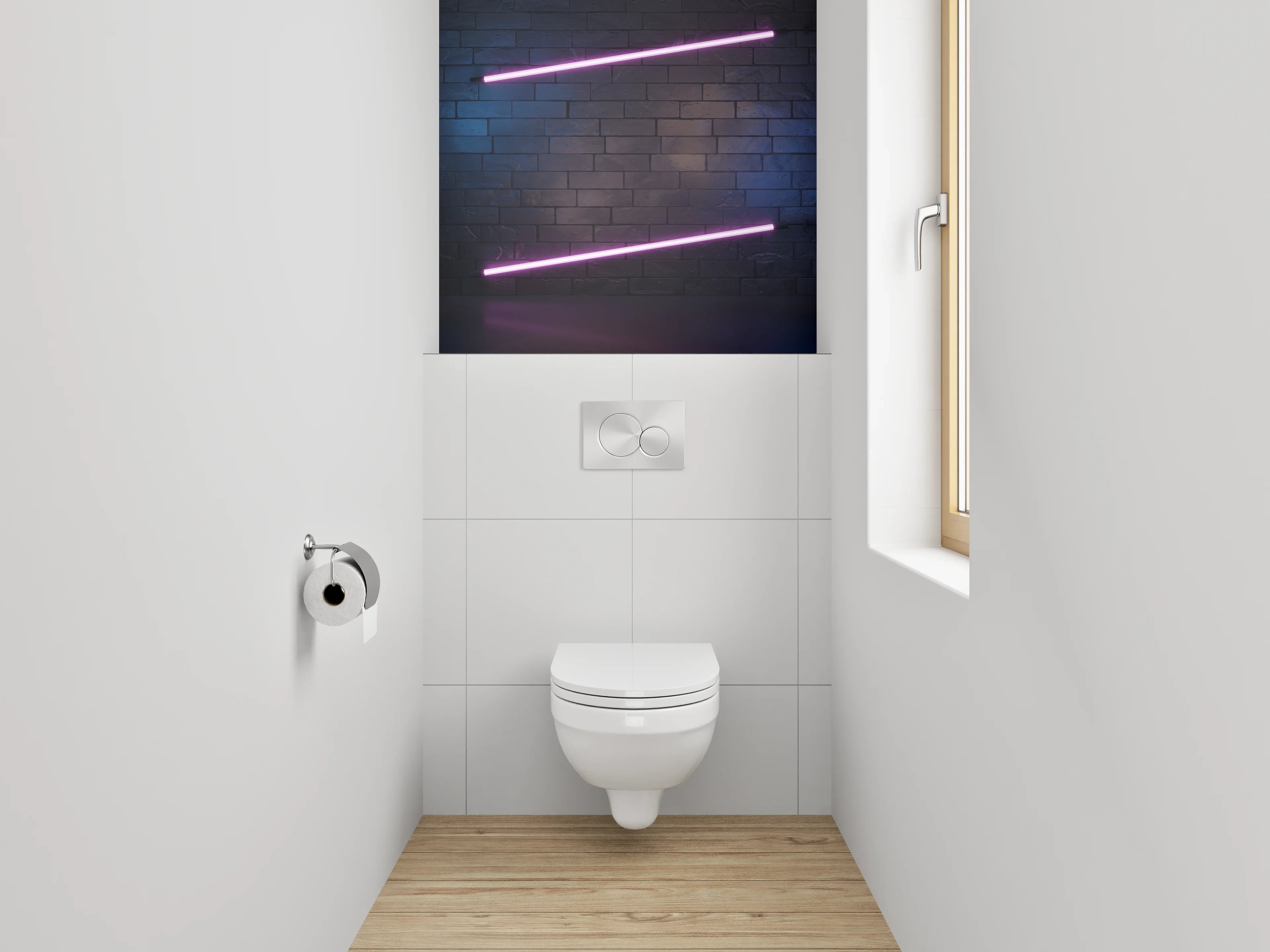 WC-Rückwand - Neon Lichter auf Ziegelwand – Modernes Design