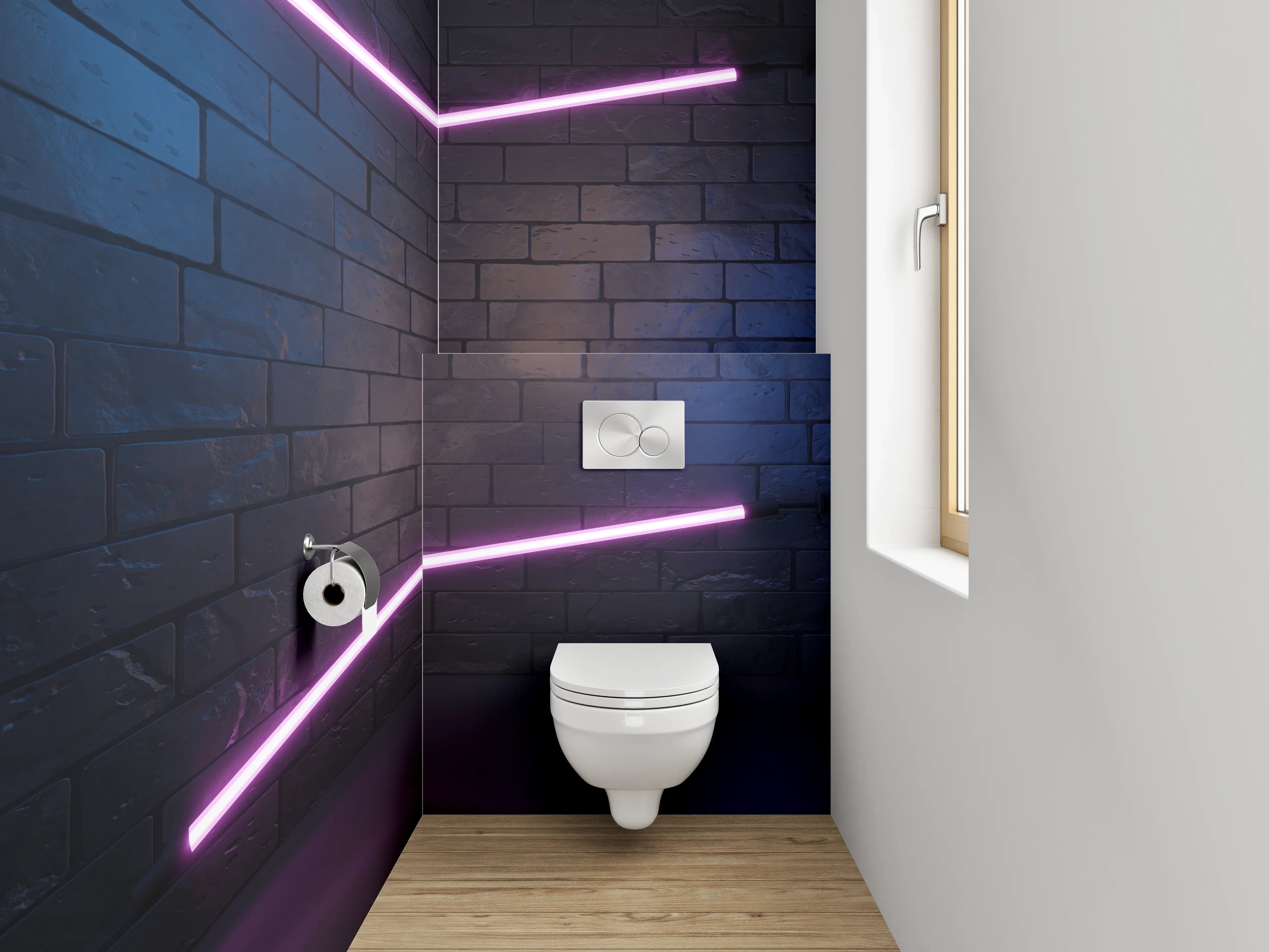 WC-Rückwand - Neon Lichter auf Ziegelwand – Modernes Design