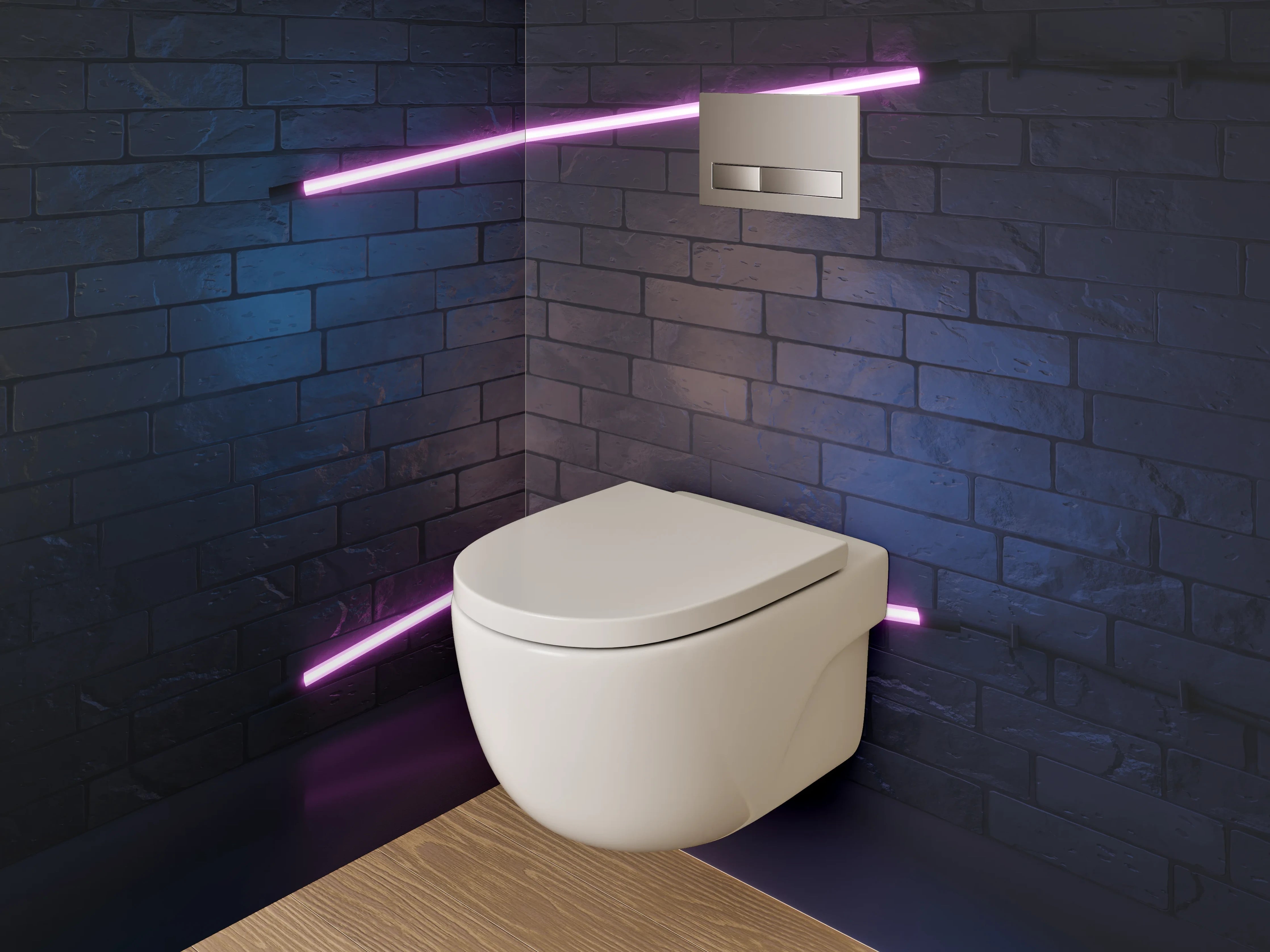 WC-Rückwand - Neon Lichter auf Ziegelwand – Modernes Design