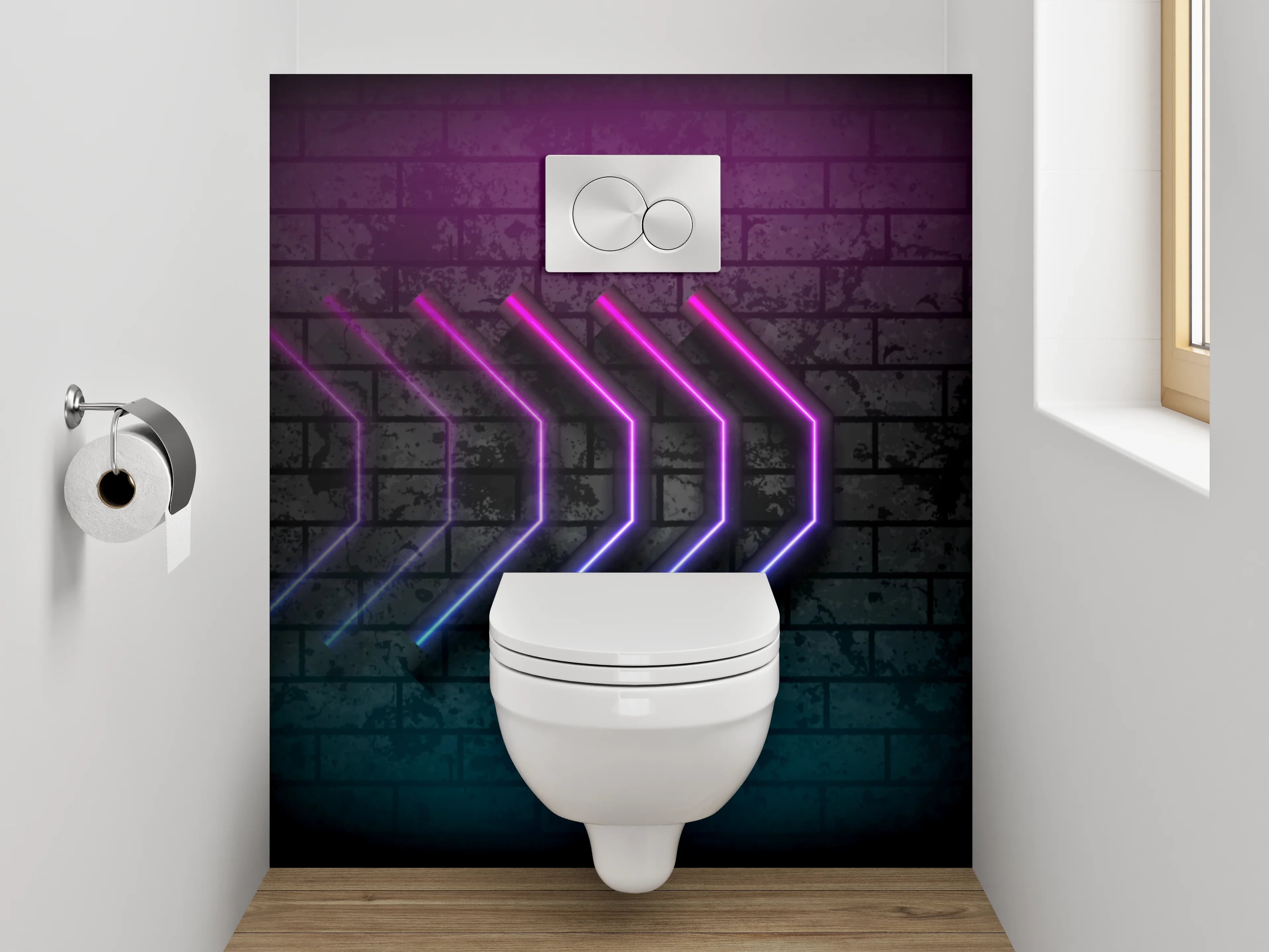 WC-Rückwand - Neon-Pfeile auf Ziegelwand – Retro Kunst