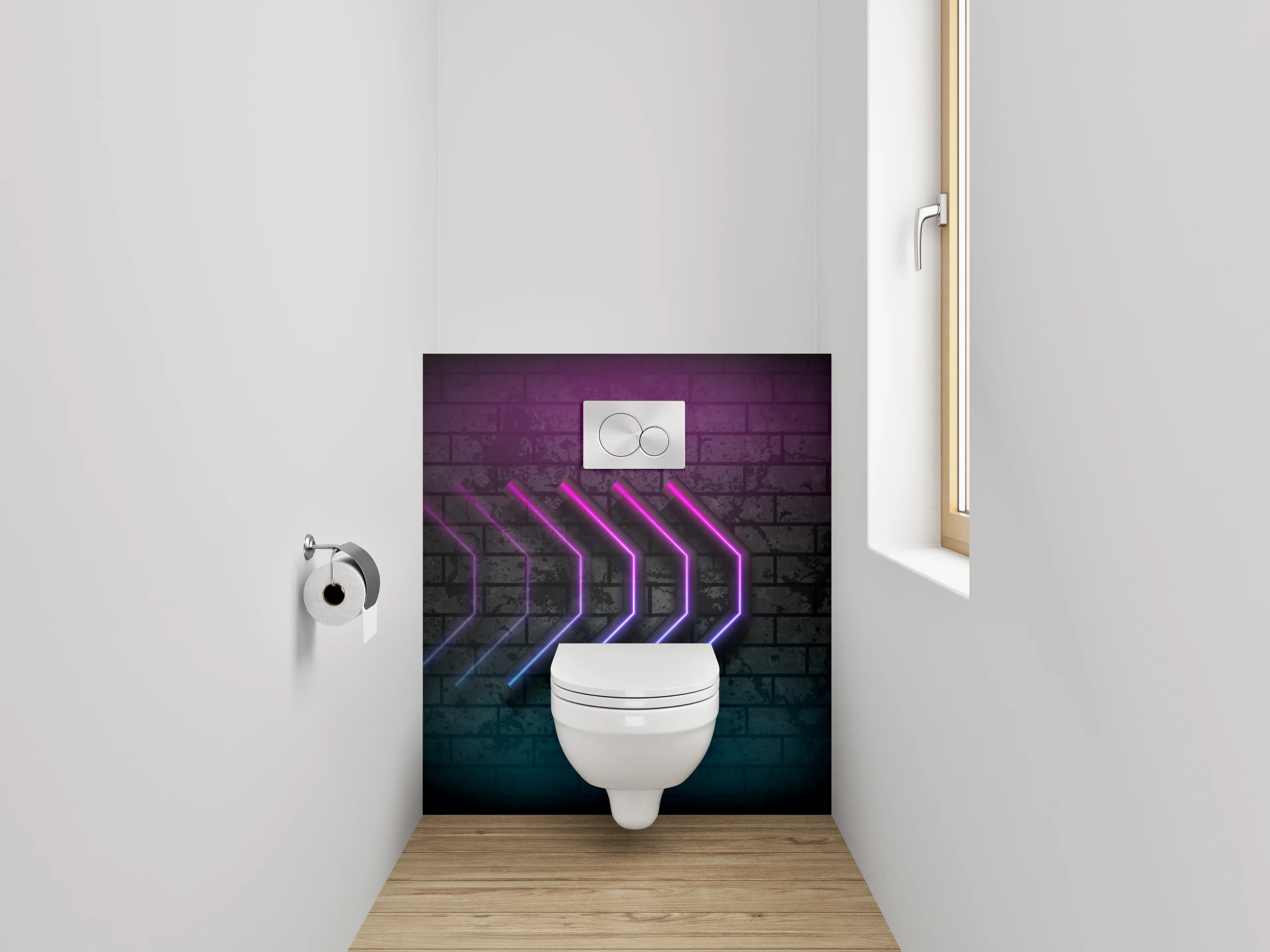WC-Rückwand - Neon-Pfeile auf Ziegelwand – Retro Kunst