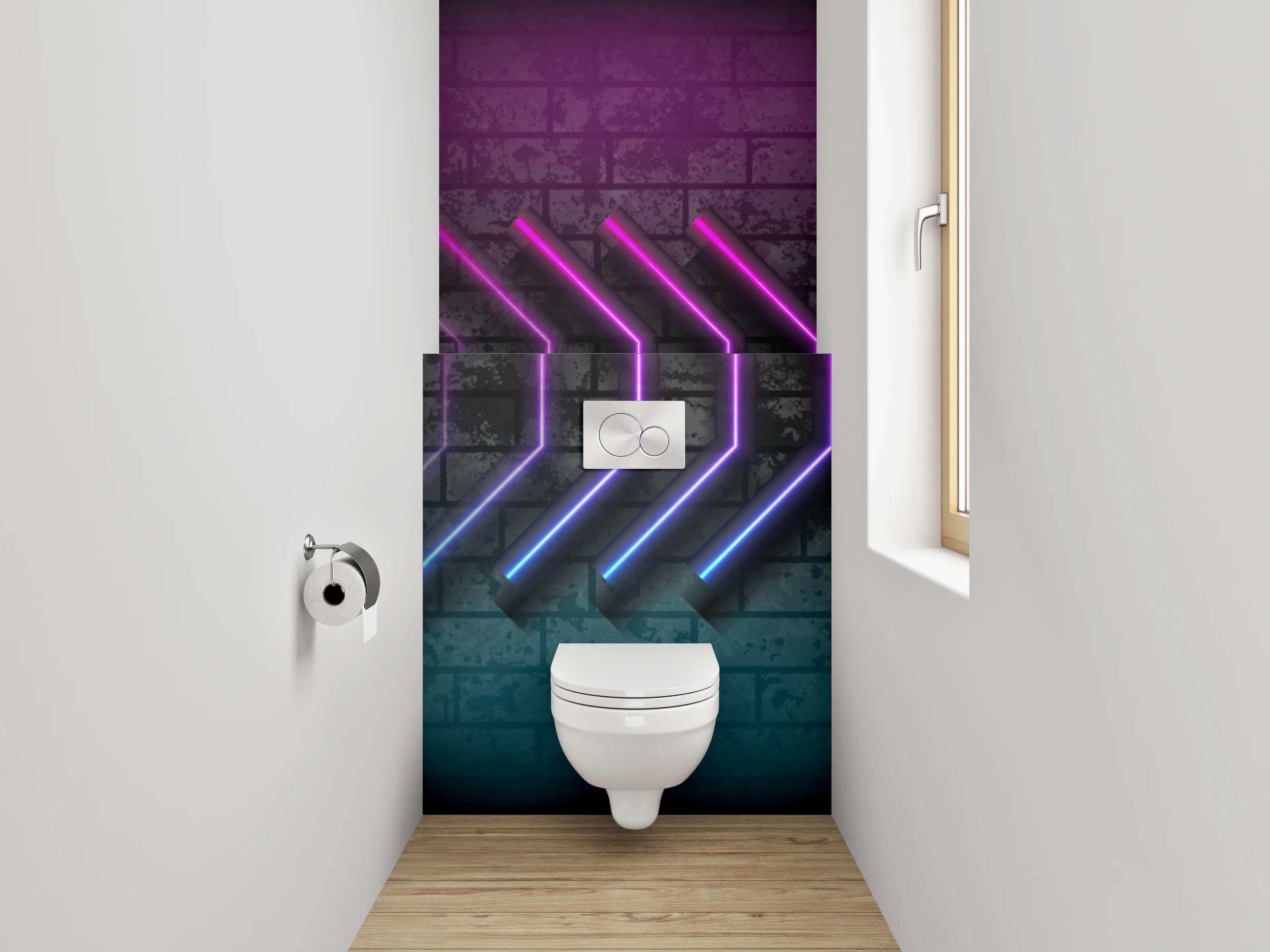 WC-Rückwand - Neon-Pfeile auf Ziegelwand – Retro Kunst