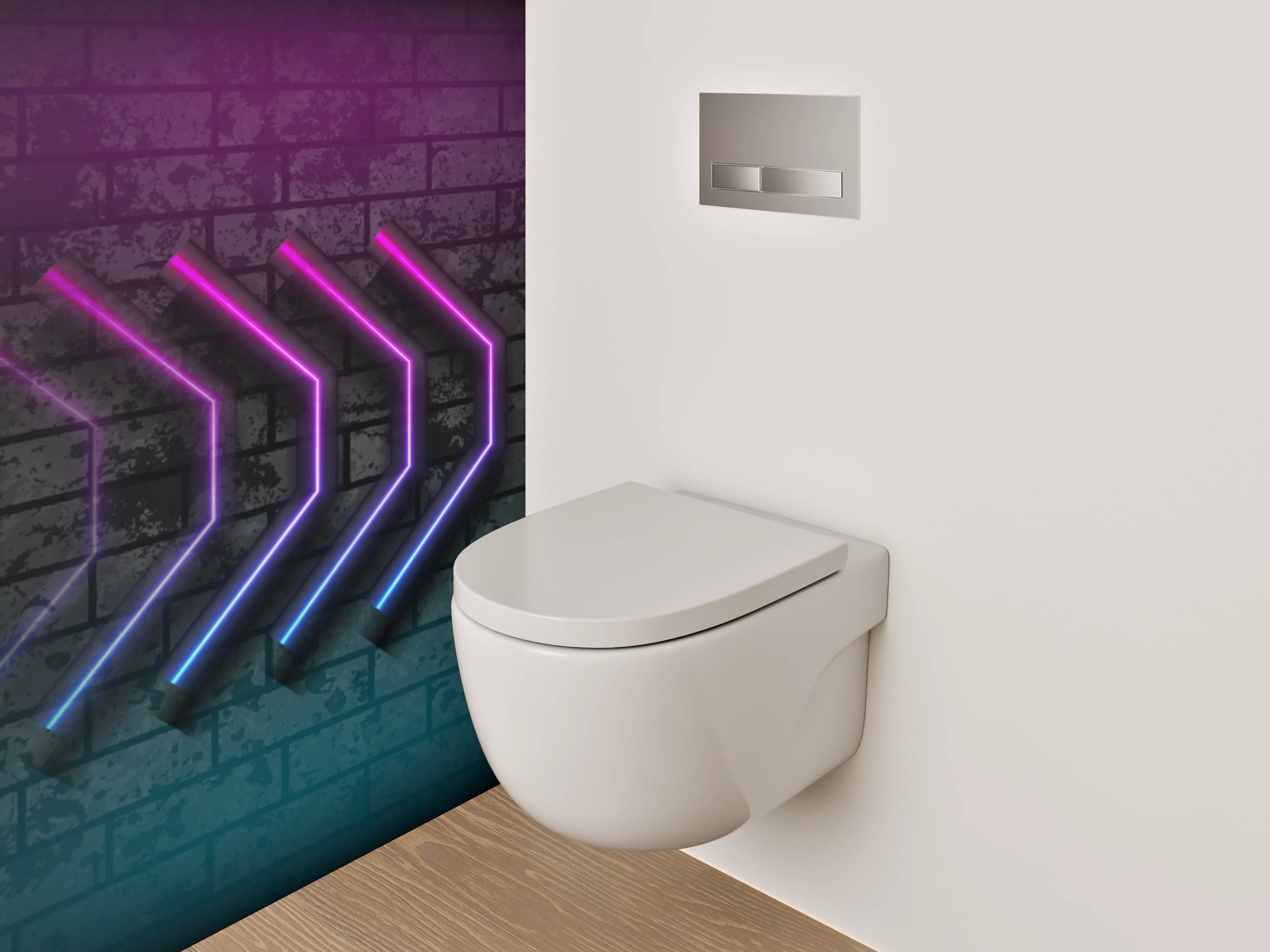 WC-Rückwand - Neon-Pfeile auf Ziegelwand – Retro Kunst