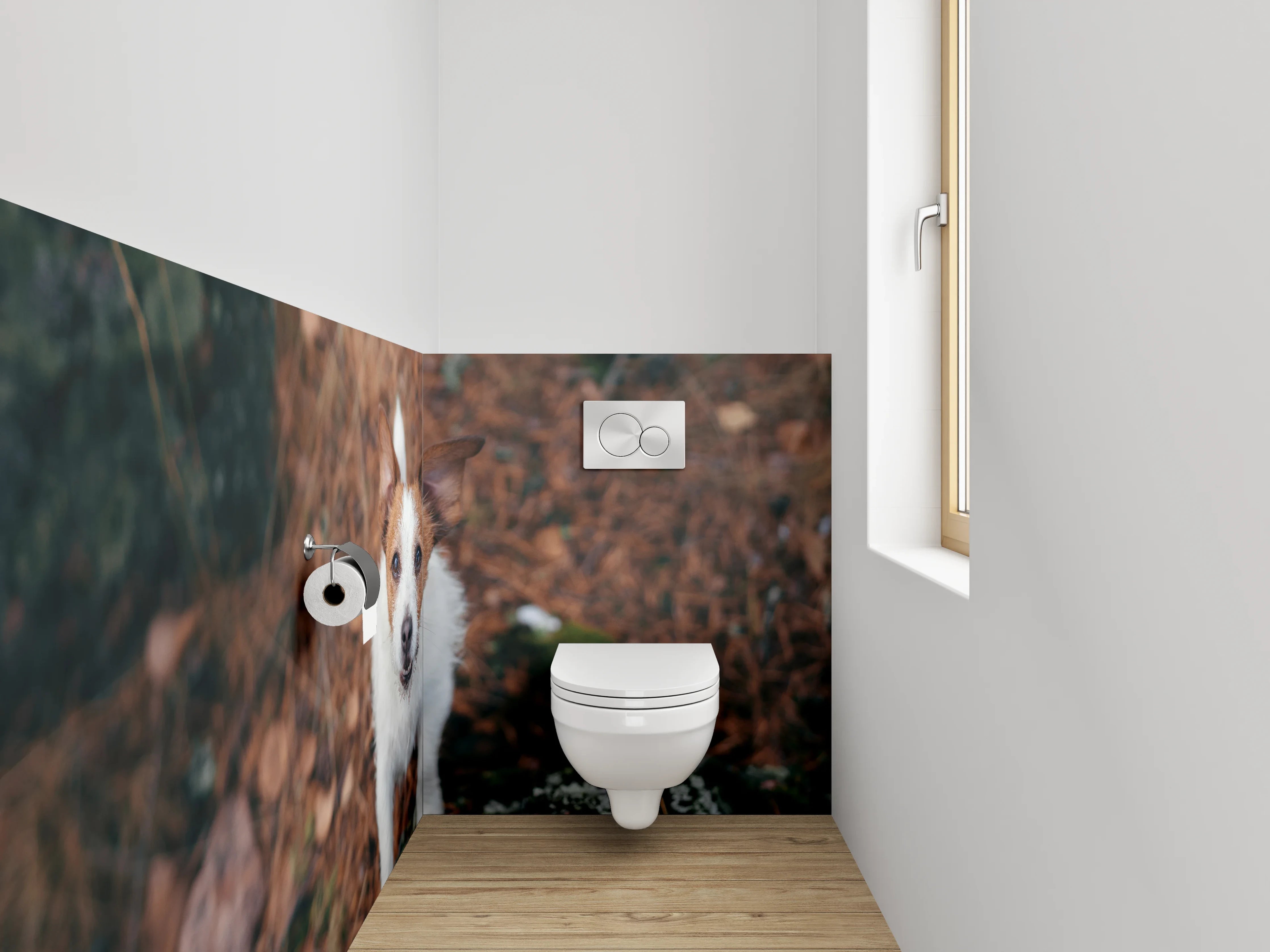 WC-Rückwand - Niedlicher Terrier im herbstlichen Wald