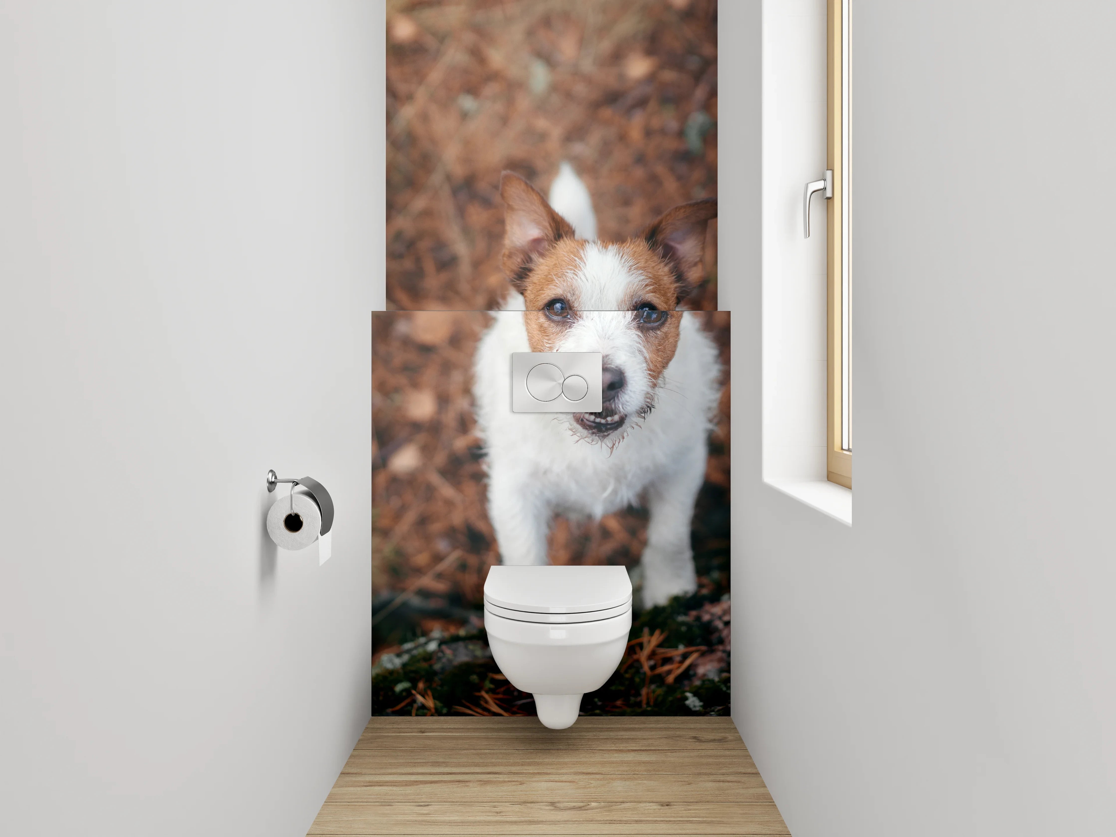 WC-Rückwand - Niedlicher Terrier im herbstlichen Wald