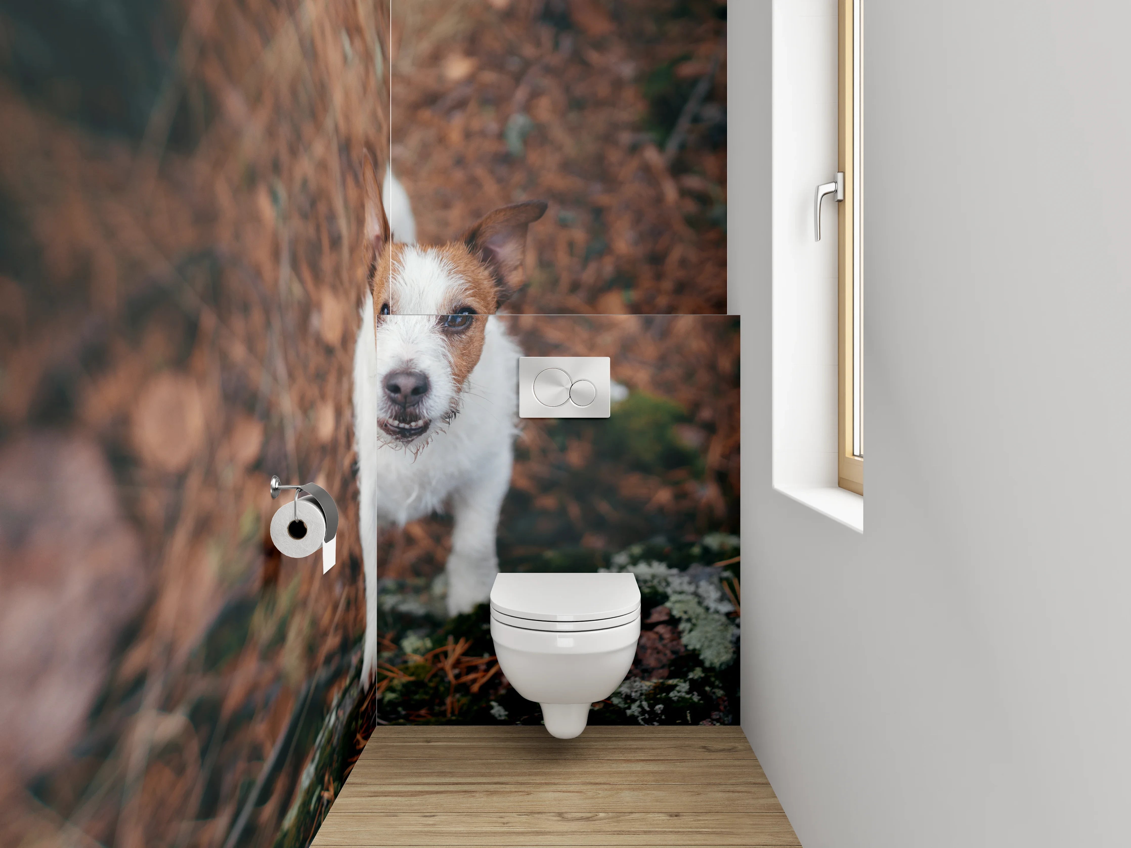 WC-Rückwand - Niedlicher Terrier im herbstlichen Wald