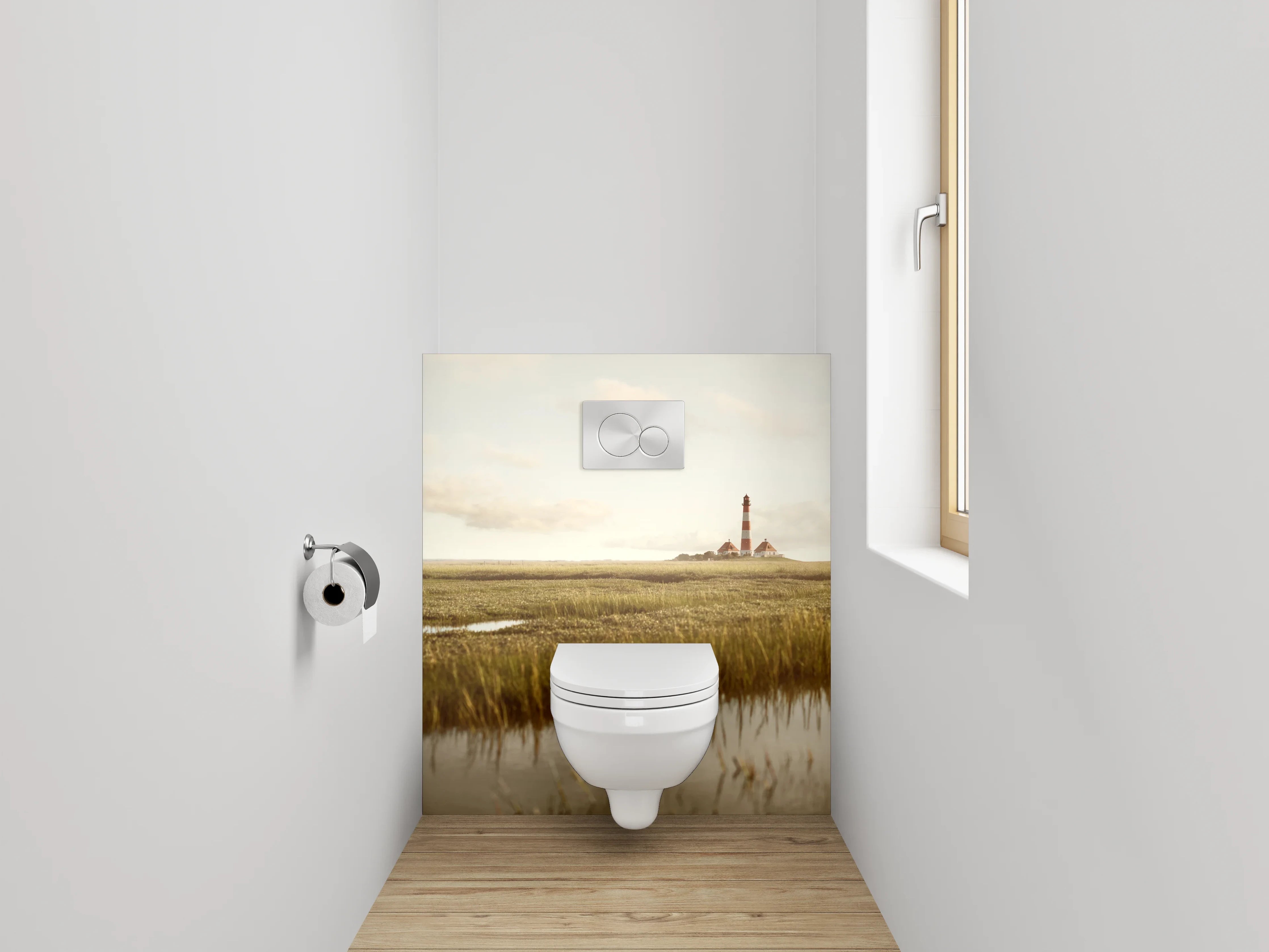 WC-Rückwand - Norddeutsche Marschlandschaft mit Leuchtturm